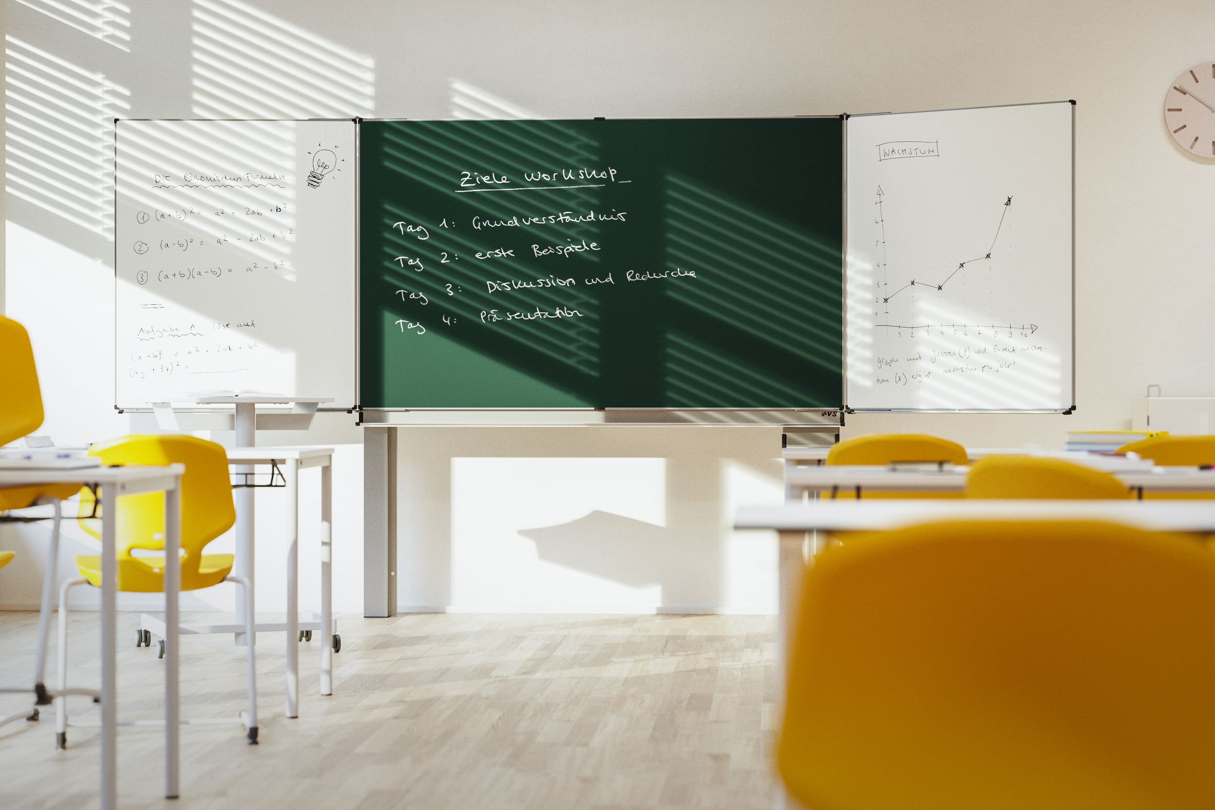 A bright classroom with a VS folding-sliding whiteboard—featuring both whiteboard and chalkboard surfaces—with yellow chairs and white desks in front of it