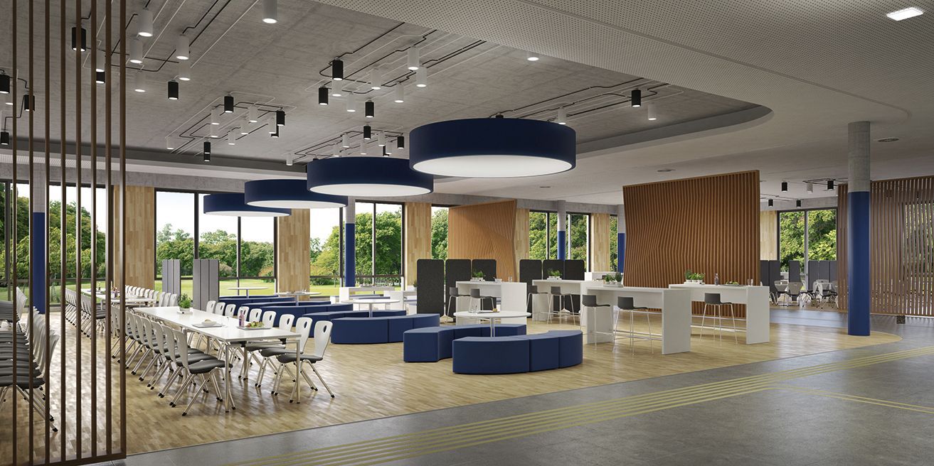 Cantine avec mobilier de VS comme la chaise rembourré Compass-VF, des meubles rembourrés de la série Shift+ et les tables hautes M-Table