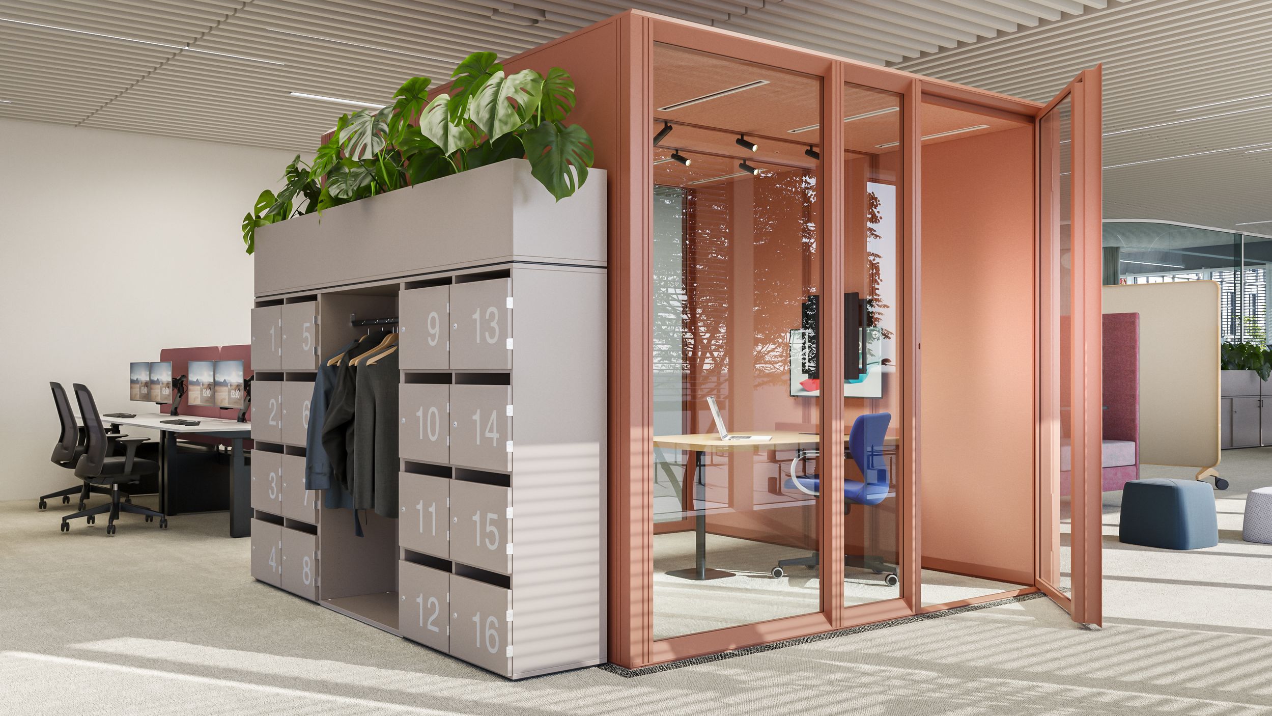 A modern office featuring a glass-enclosed meeting booth in Rosé, a numbered locker unit with a coat rack and a plant-filled top section—a quiet retreat within the open-plan office environment.