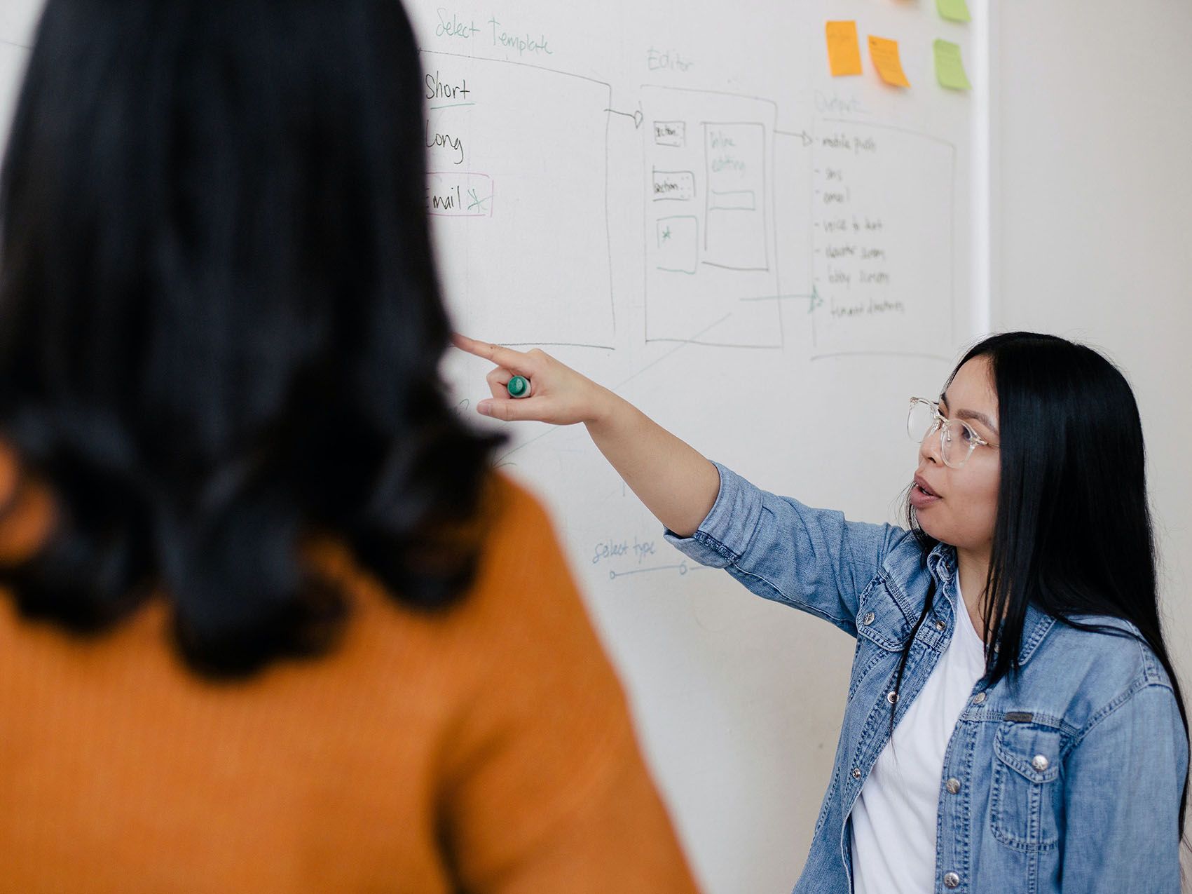Two women discussing in front of a whiteboard