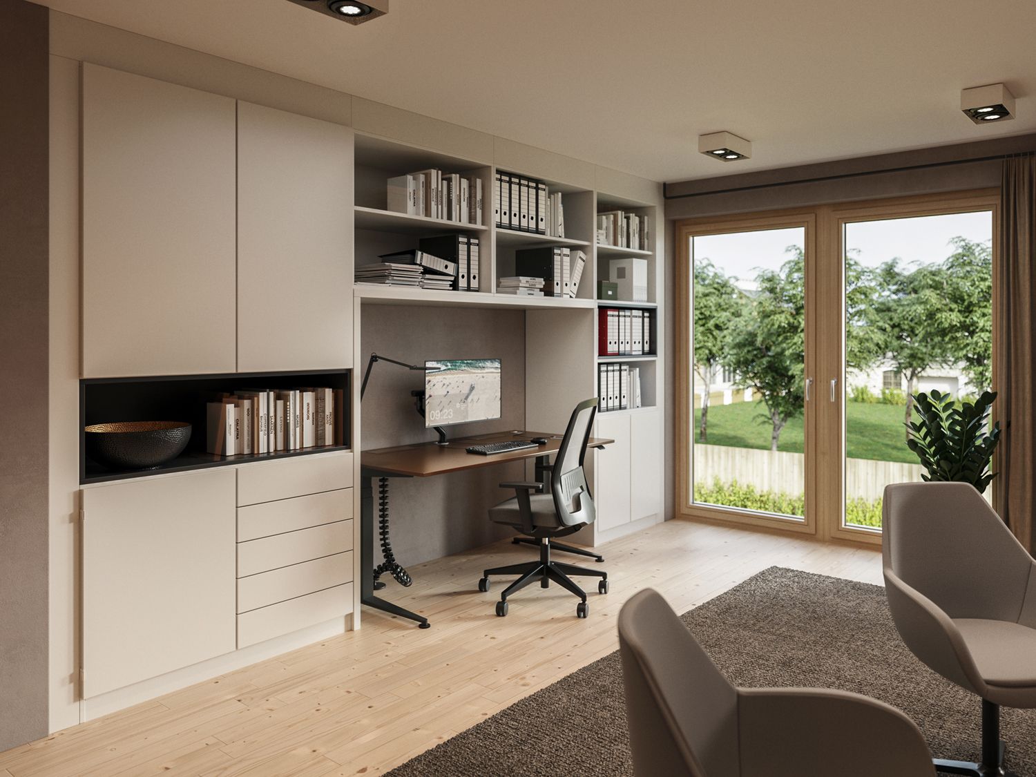 Home office workspace featuring a height-adjustable desk, a gray office chair, a monitor, and floor-to-ceiling storage cabinets with open shelves.