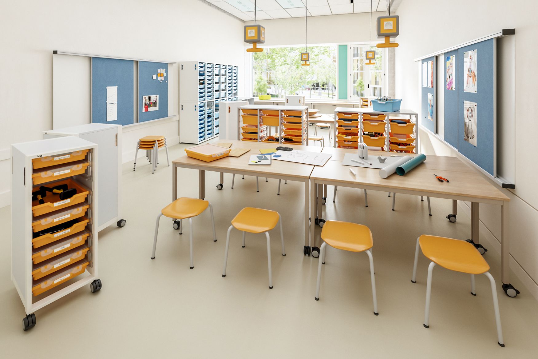 Werkraum mit fahrbaren Tischen, Gratnells-Space-Modulen, stapelbaren Hockern und Flexipanel-Boards von VS