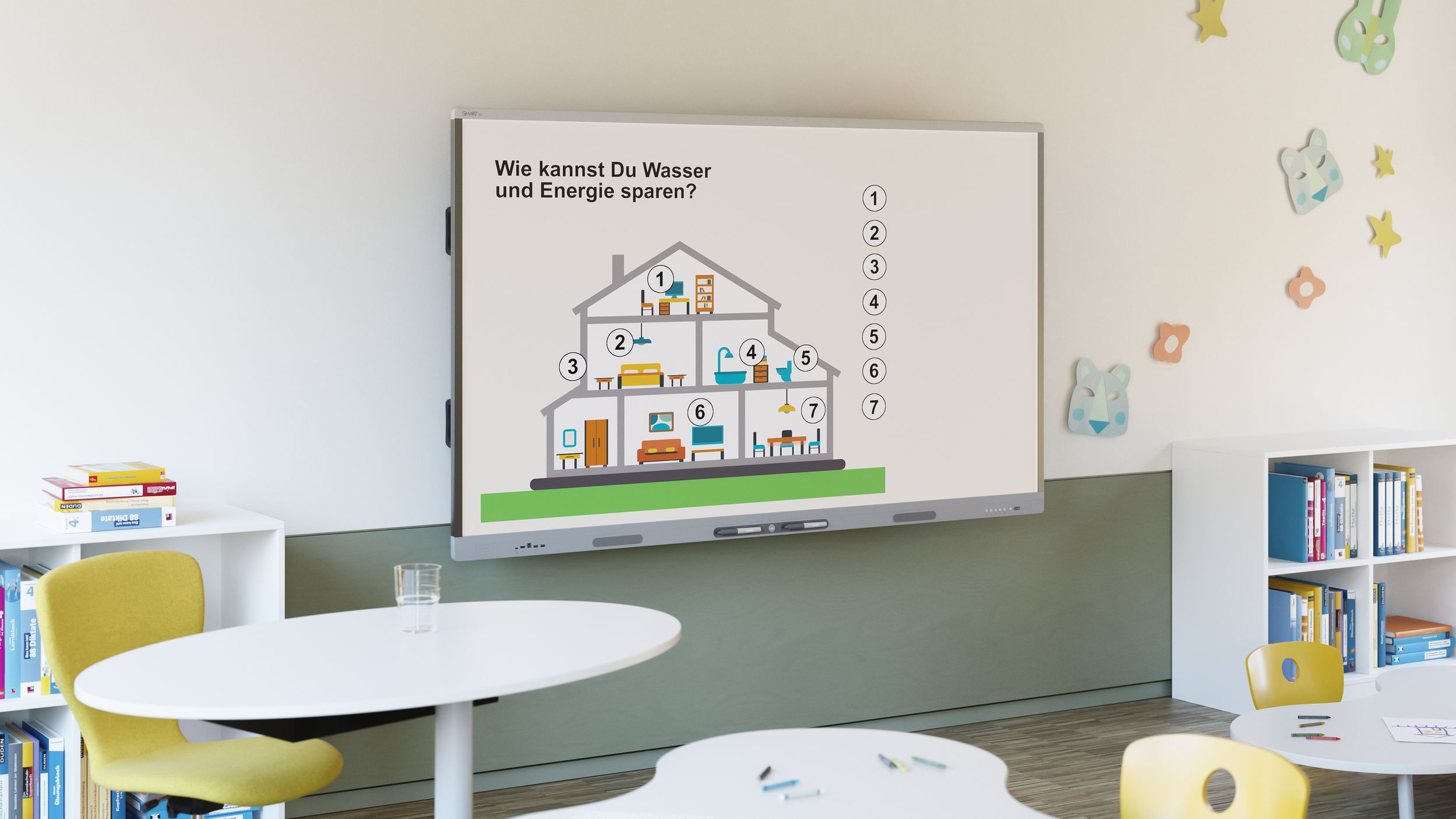 An elementary school classroom featuring VS Rondo Lift-R-Teach desks and VS Panto Swing Lupo chairs in yellow—on the wall, a SMART Board MX displaying a lesson on energy conservation