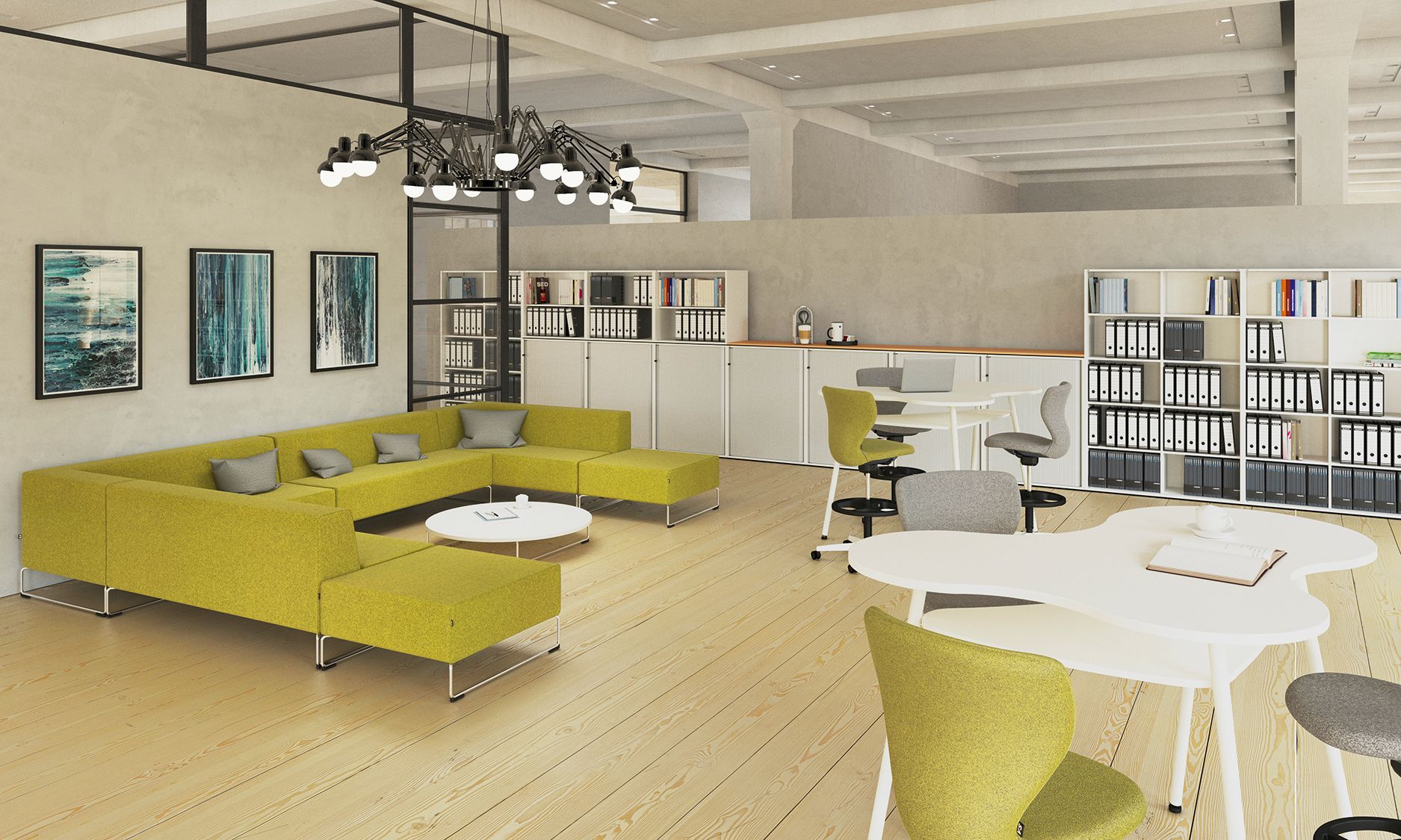 A stylish room with a green couch and a white table, part of the Serie Lounge series by VS.