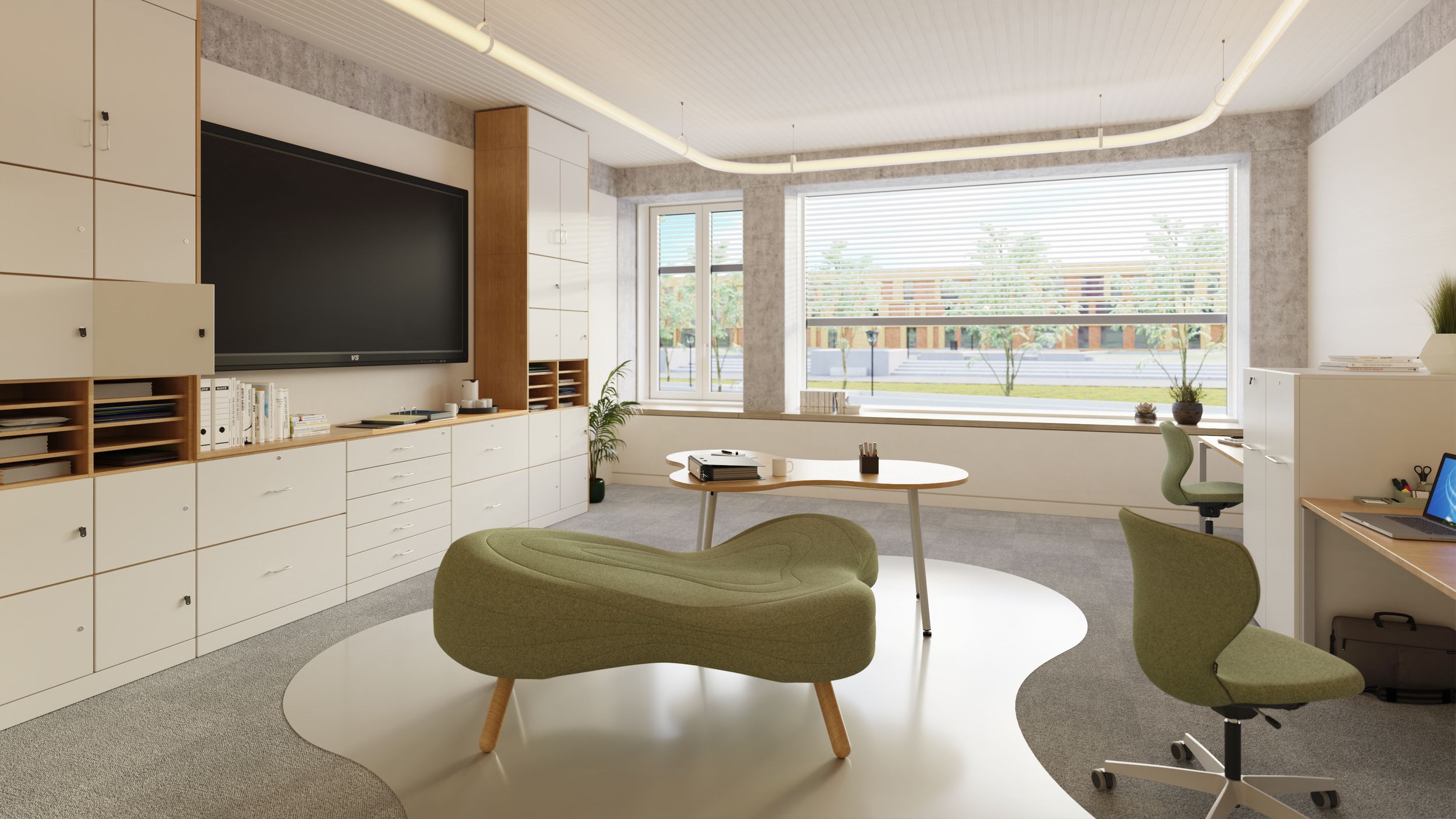 Cosy office with plenty of storage space and different zones