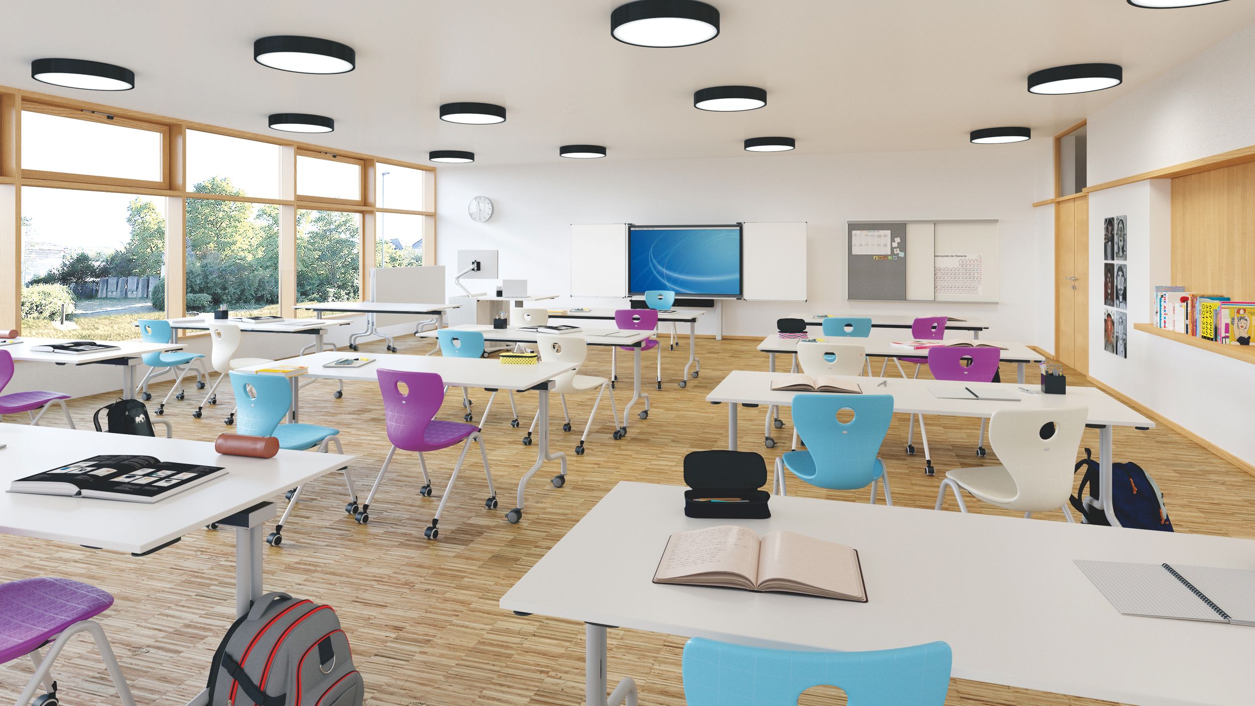 Modernes Klassenzimmer mit den hochklappbaren Tischen FlipTable, den mobilen Schülerstühlen Compass-LuPo und einem interaktiven Whiteboard MediaPilon von VS