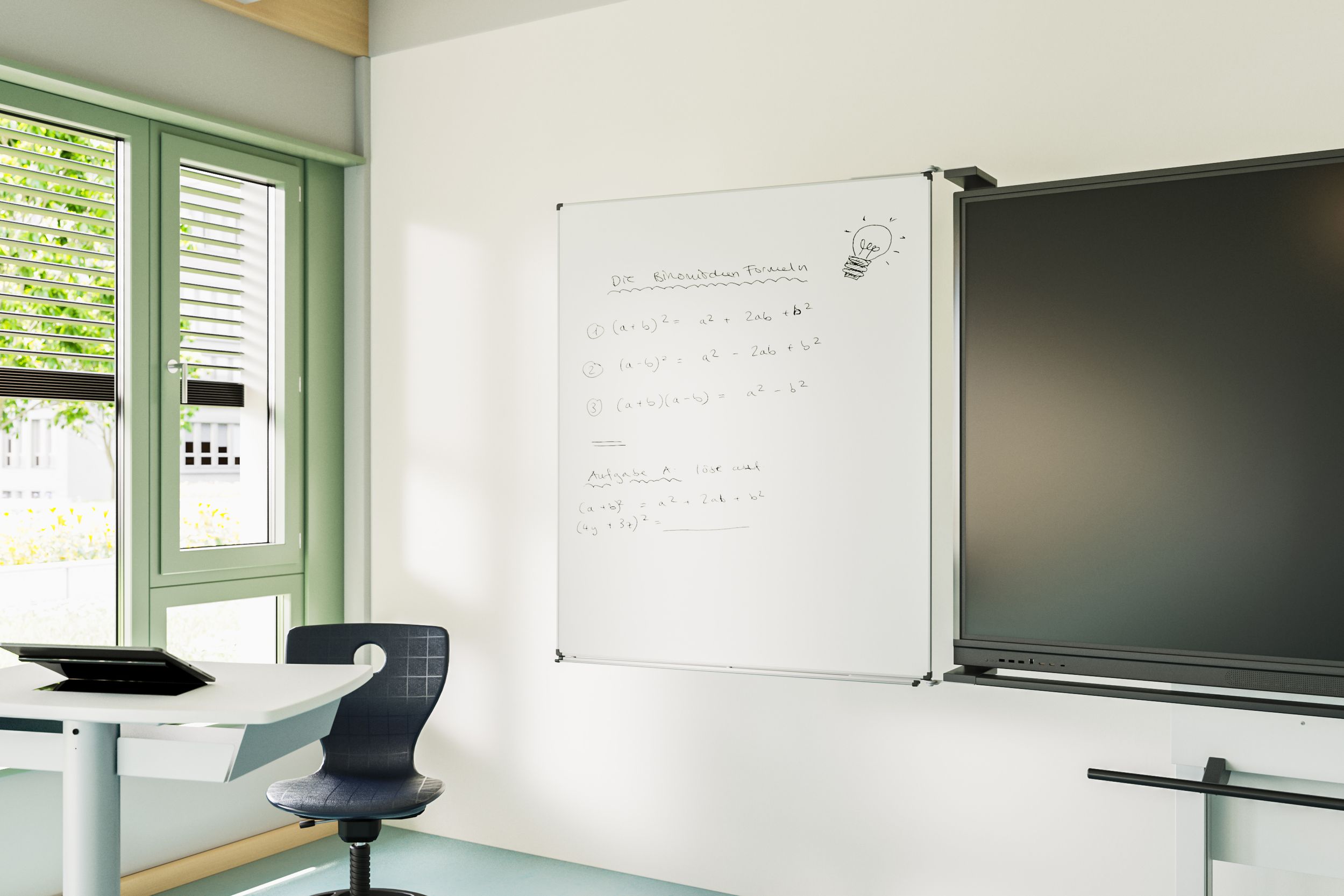 Classroom featuring the VS MediaPilon-GF mounting system, a labeled whiteboard, and a blackboard panel – VS Shift+ Base table and VS Panto Swing Lupo swivel chair in blue