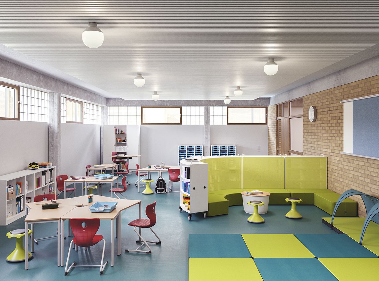 Group room for homework supervision featuring Tano desks, Shift+ Landscape seating elements, FloorFriends floor mats, and a Series 800 cabinet from VS