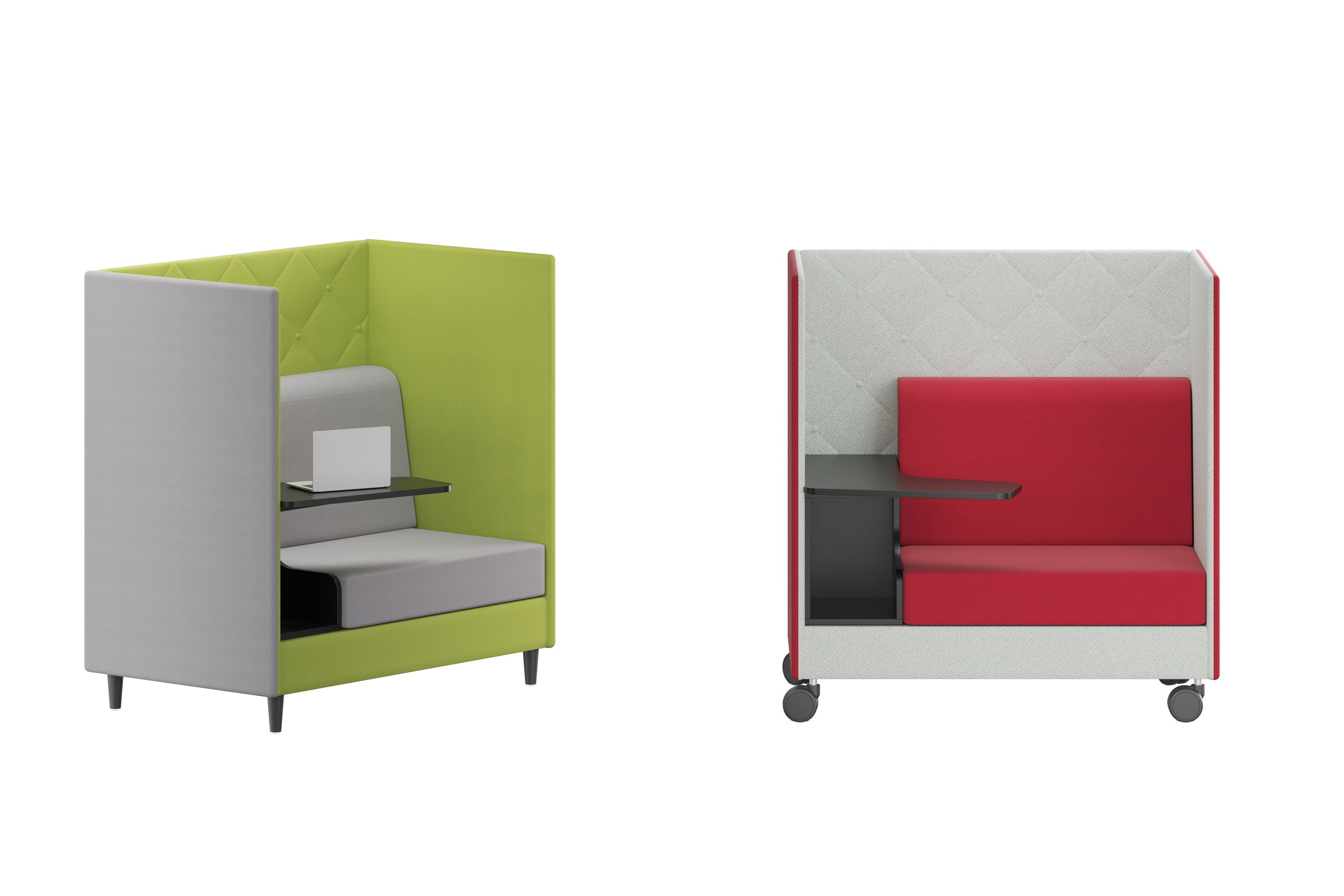 Screened-off seating alcoves with high backrests and built-in tables for focused work and meetings in the office.