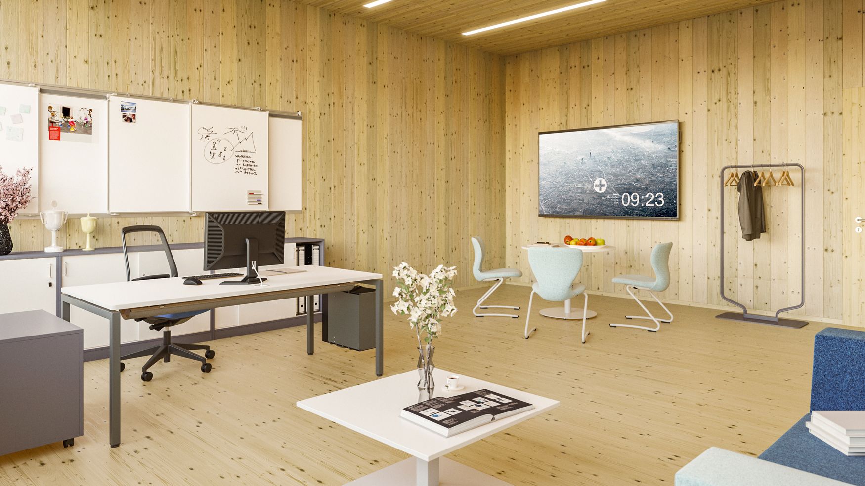 Administration office with office desk, round meeting table and sofas from the Lounge series by VS