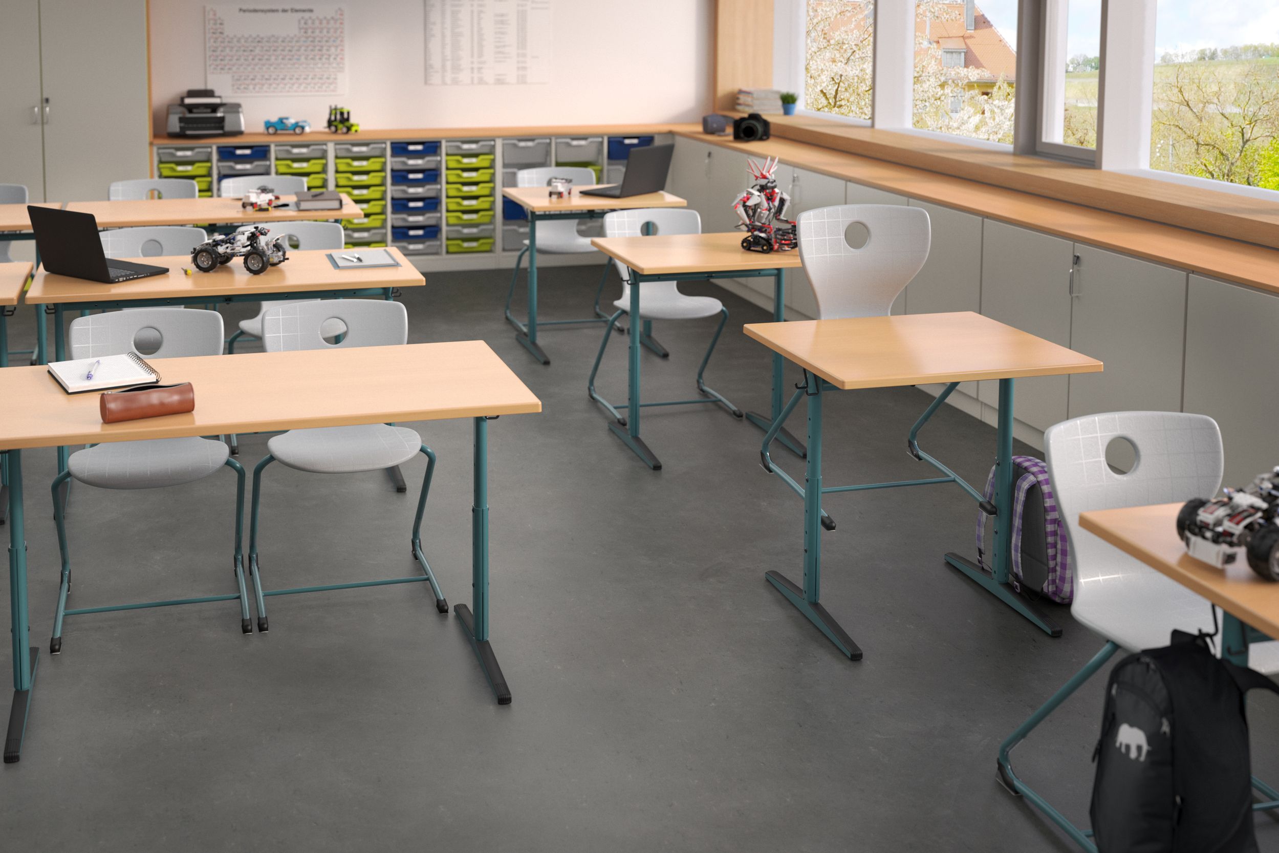 A bright classroom filled with neatly arranged desks and chairs, ready for students to learn and engage.