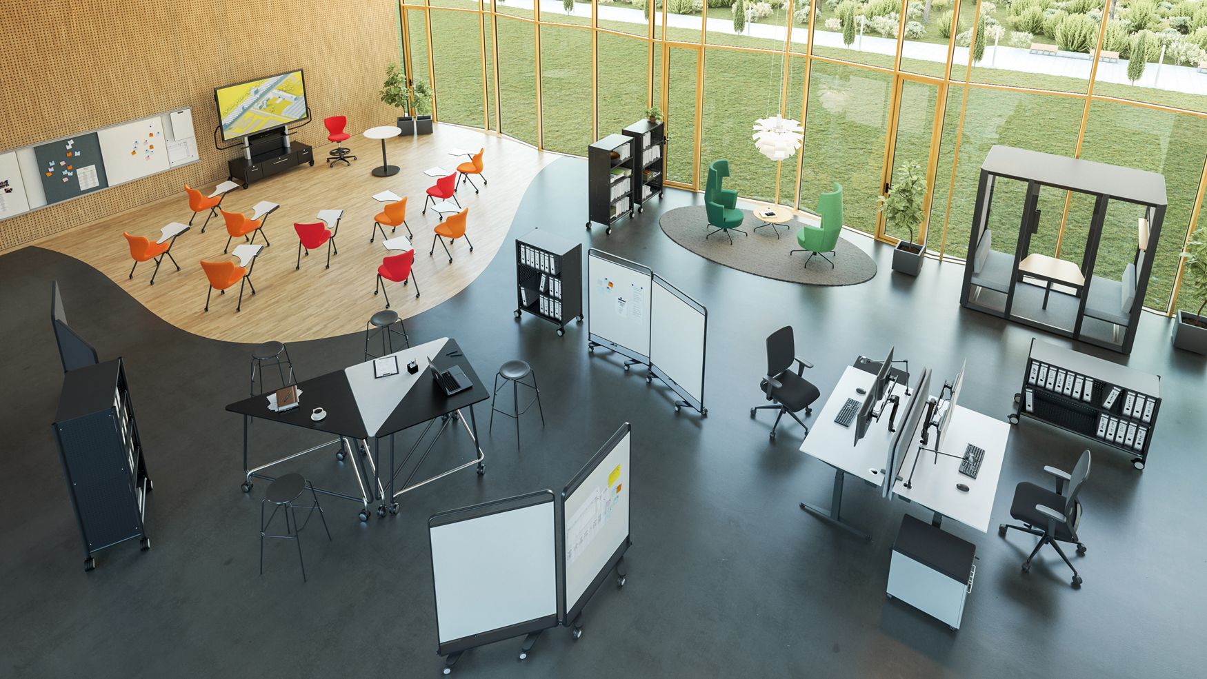 Project workspace with VS standing table TeamTable, JUMPER chairs with writing desk in front of an interactive whiteboard and HiBack armchairs as a meeting corner