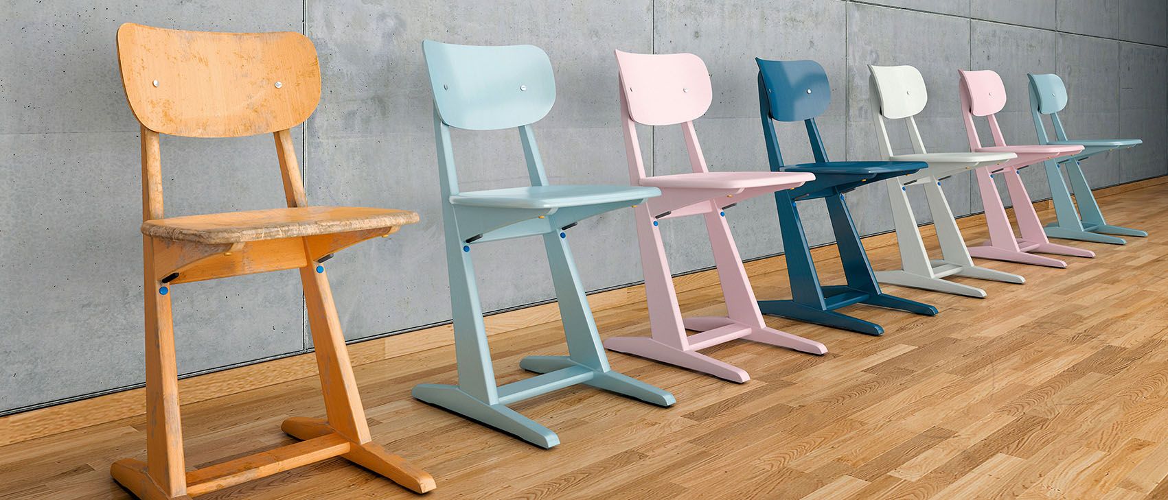Wooden skid chairs of VS in different pastel colours next to each other