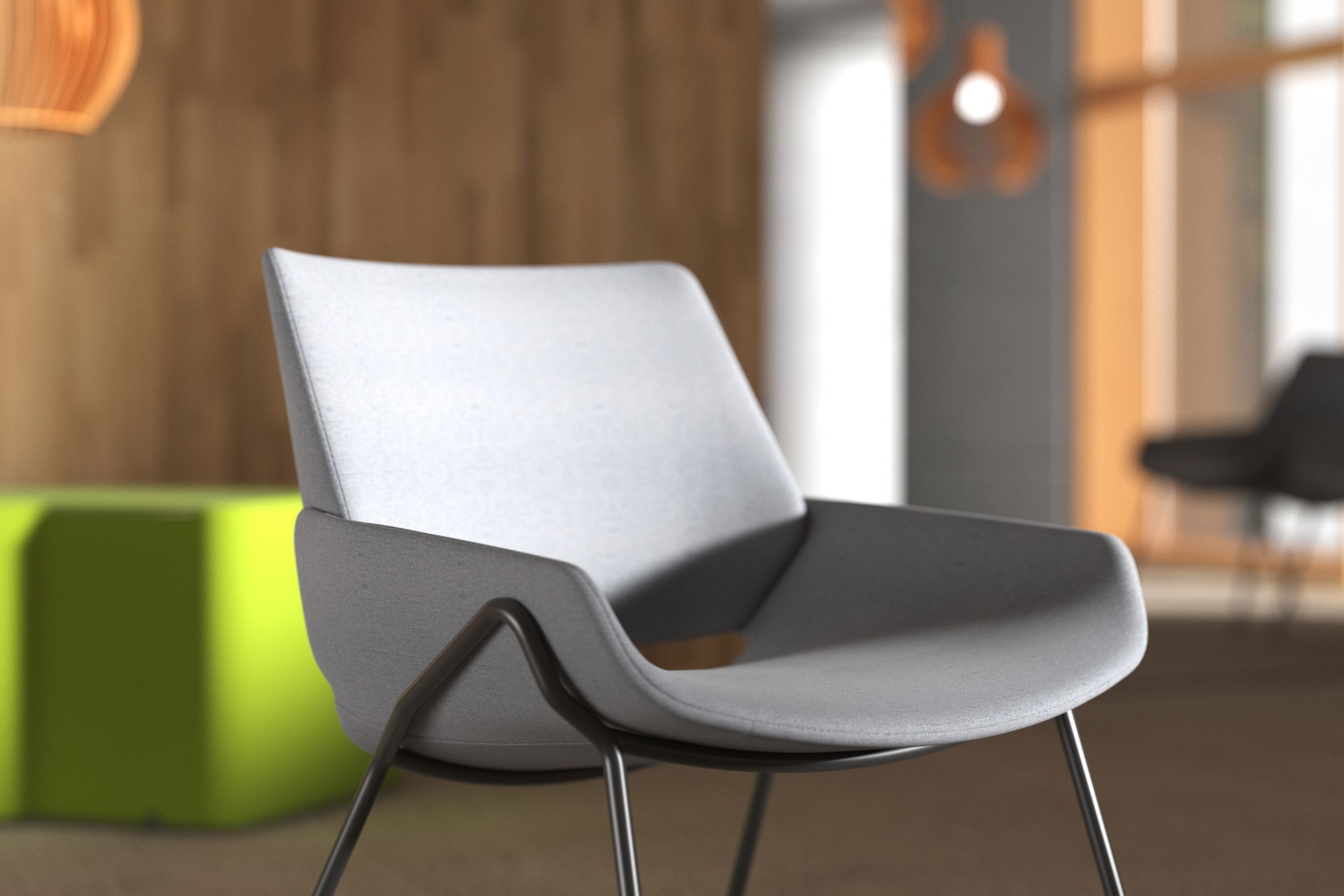 Grey conference chair against a blurred background