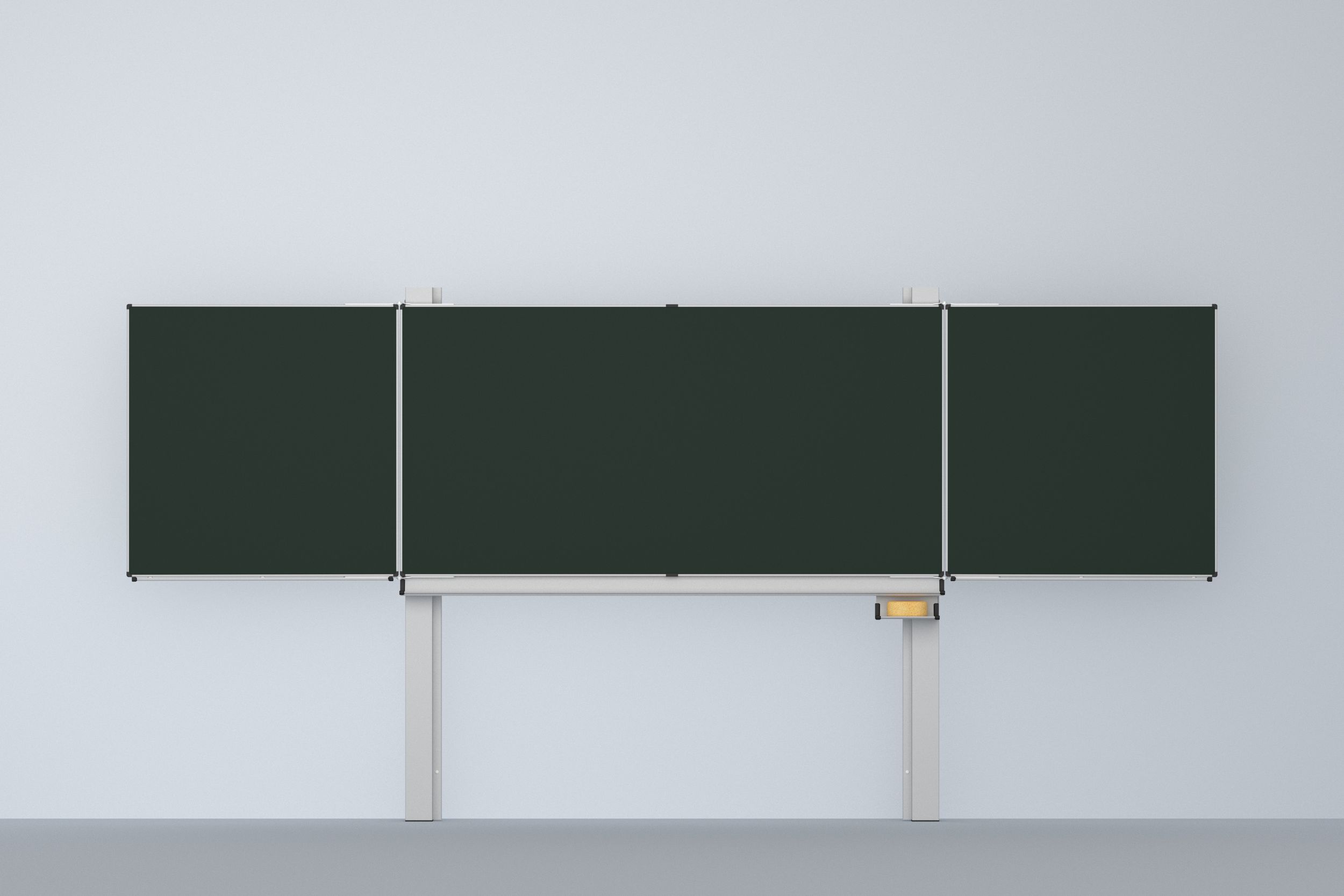 VS Pylon Folding Sliding Whiteboard with three green chalkboard surfaces – infinitely height-adjustable for ergonomic use in the classroom.