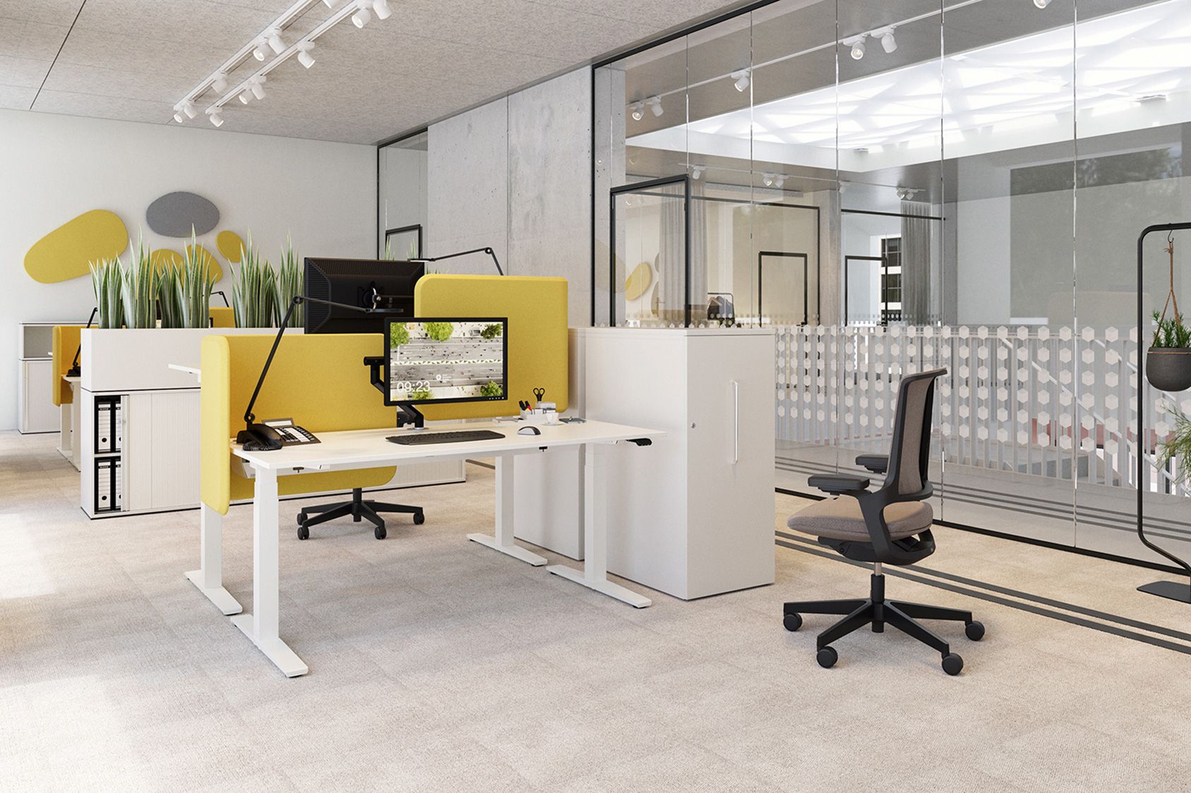 Modern office with electrically height-adjustable desks of series 910, table screens, upholstered office chairs and storage space