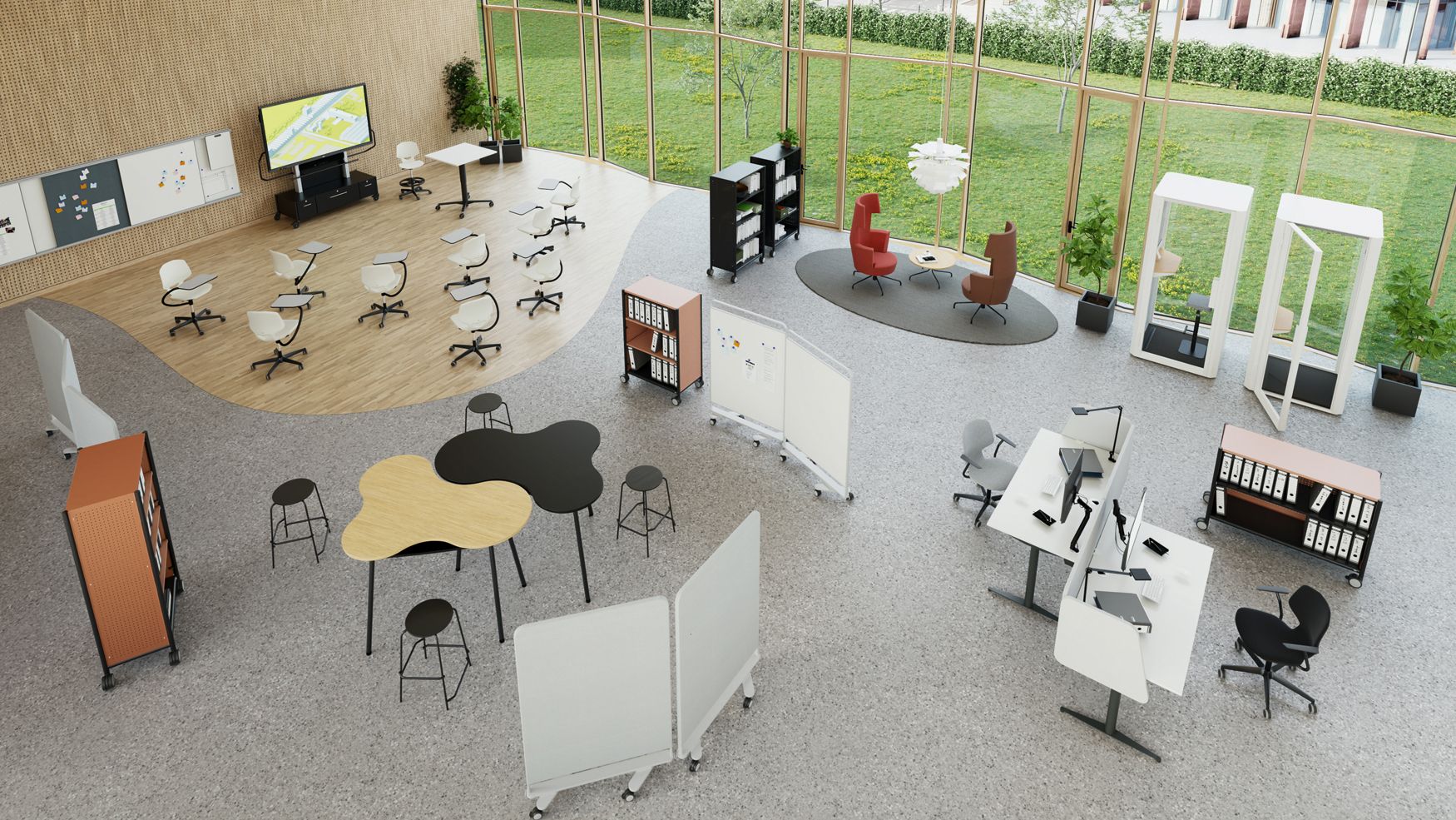 Project Area featuring organically shaped group tables, Solo stools, a mobile display, desks, and shelves for flexible collaboration.