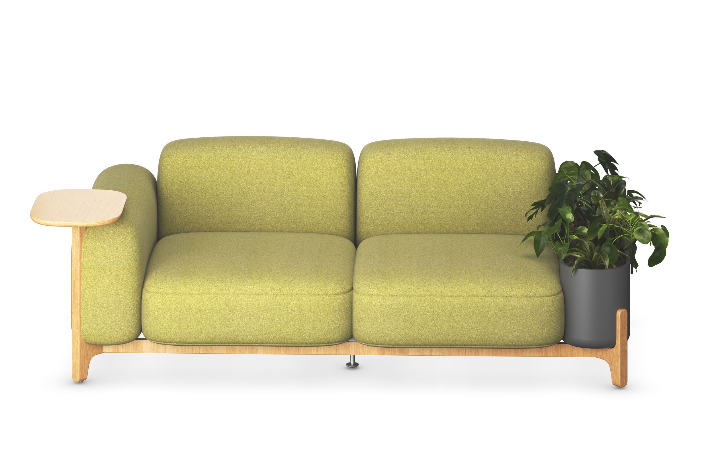 Green two-seater sofa from the Sabot series with a wooden frame, built-in storage, and a plant pot, designed for modern office and lounge areas.