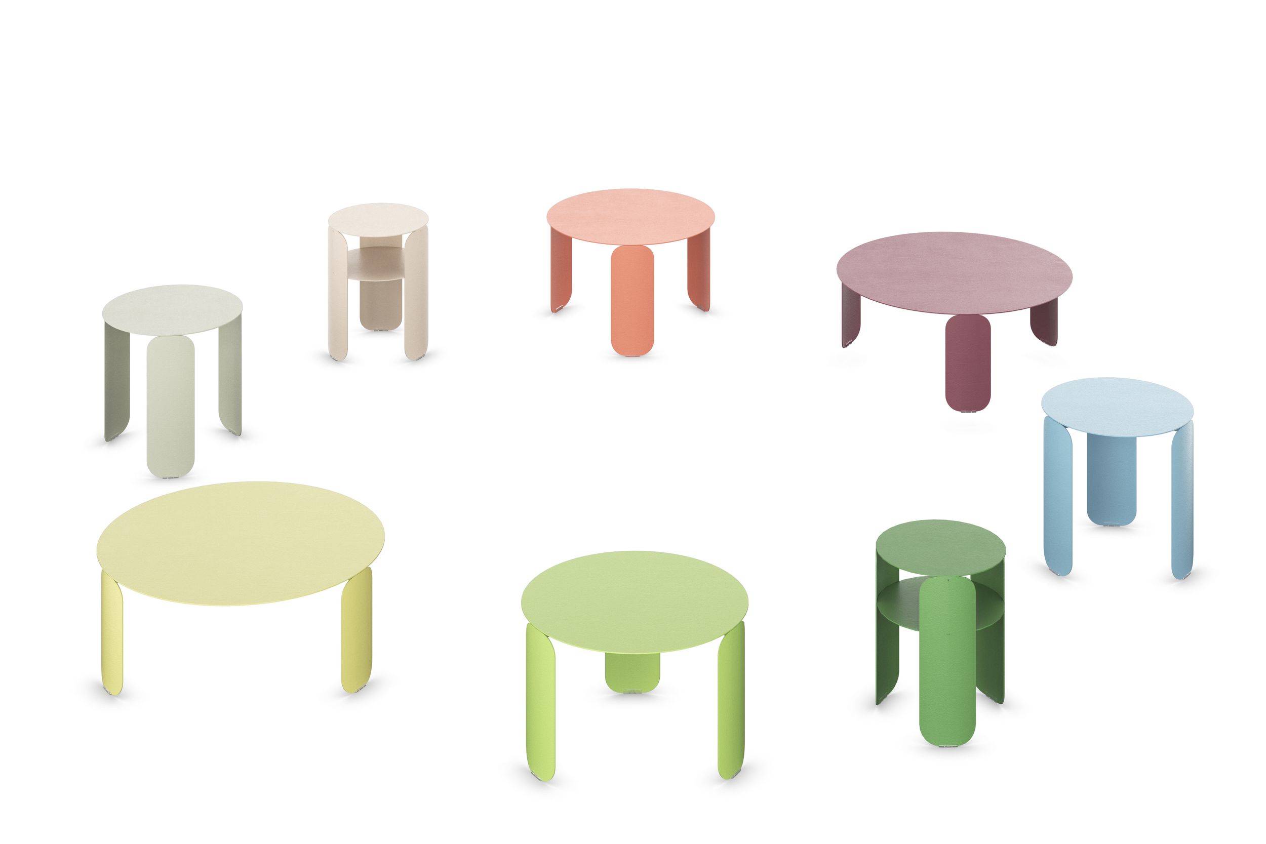 Eight round ‘Bebop’ tables in different colours are arranged in a circle