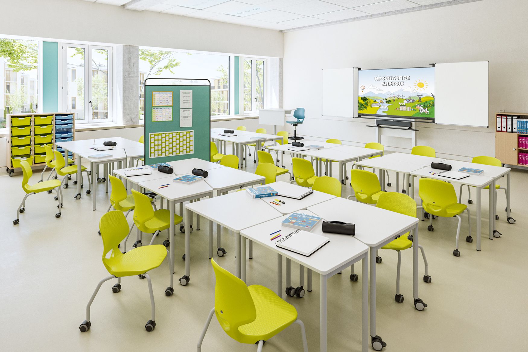 Klassenzimmer mit fahrbaren Tano-Stapeltischen, gelb-grünen JUMPER-Air-Four-Stühlen, mobiler Pinnwand und interaktivem Display von VS