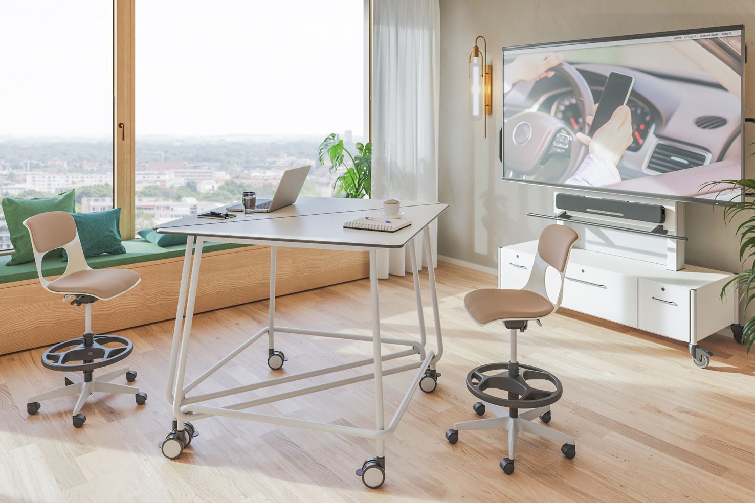 Modern meeting room with high-back seating and a portable display