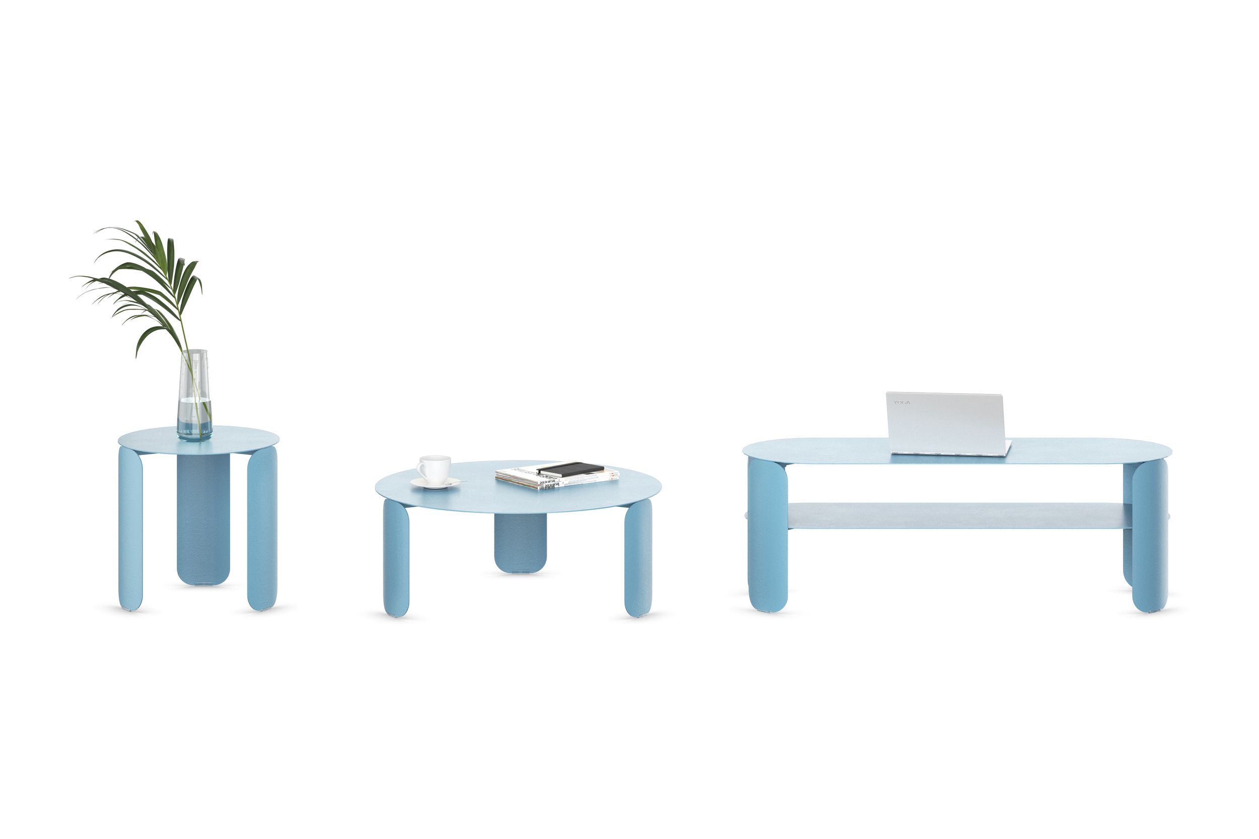 Three light blue ‘Bebop’ tables lined up in a row