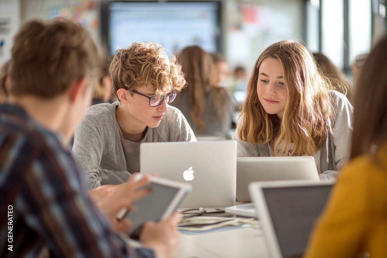 Mehrere Schülerinnen und Schüler arbeiten gemeinsam an einem Tisch mit Laptops und Tablets. Zwei Jugendliche betrachten konzentriert ihre Geräte und tauschen sich dabei aus. Das Bild ist AI Generated.