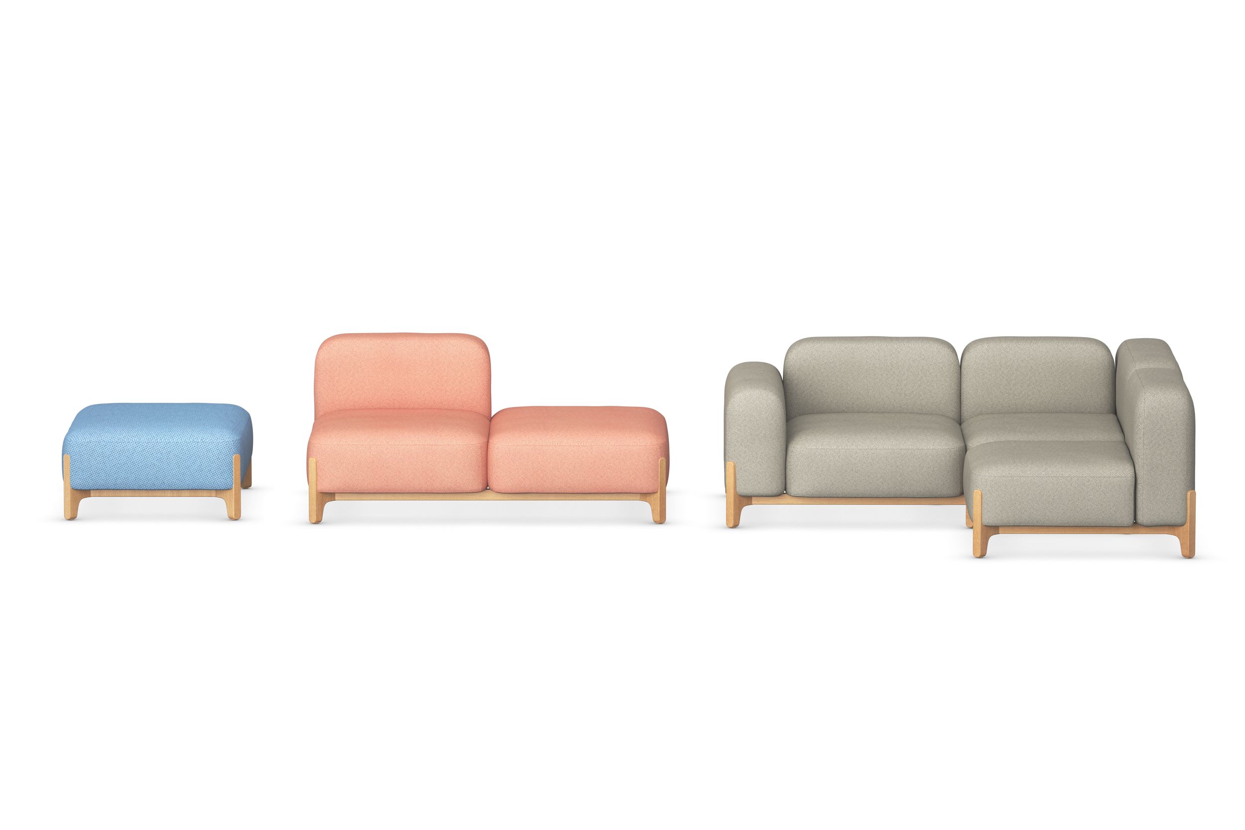 Sabot modular lounge furniture set featuring an upholstered ottoman, armchair, and sofa in blue, pink, and gray with a wooden frame, designed for modern office and lounge areas.