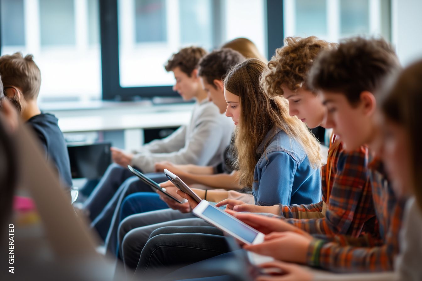 Several students sit next to each other and work attentively with tablets. The image is AI Generated.