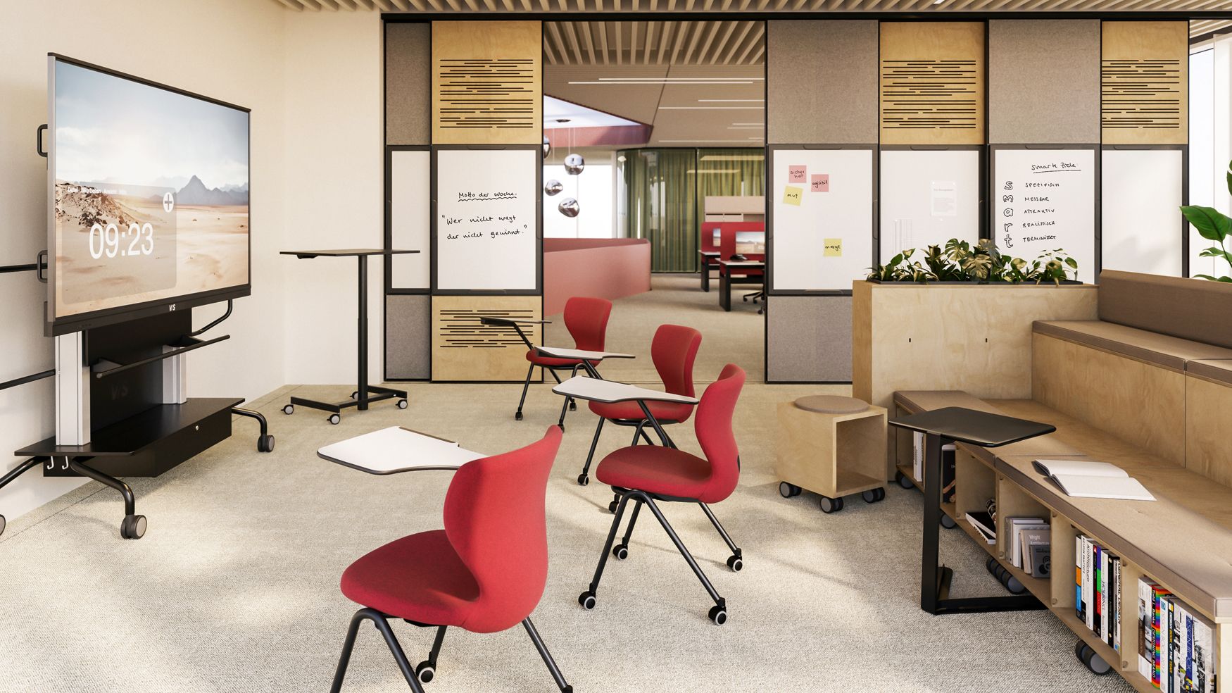 A study area in the office featuring wine-red upholstered shelving chairs from the Panto chair range
