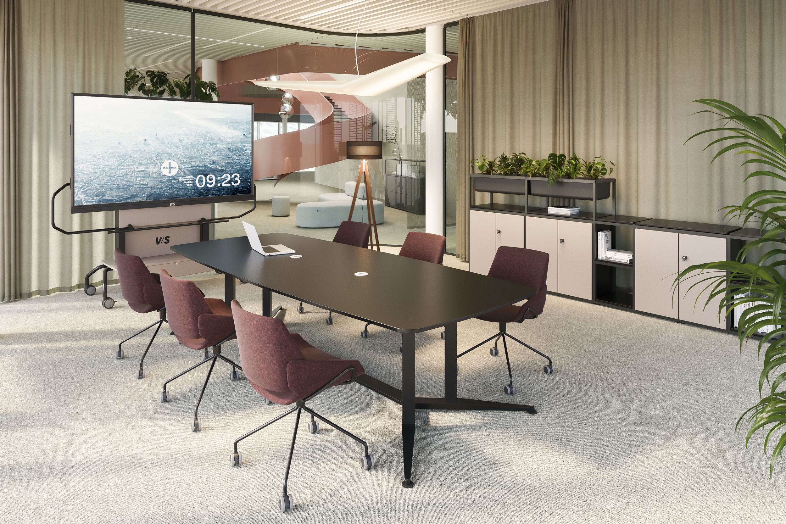 Modern conference room with a dark conference table, red upholstered swivel chairs, a mobile VS display, and a sideboard with plants.
