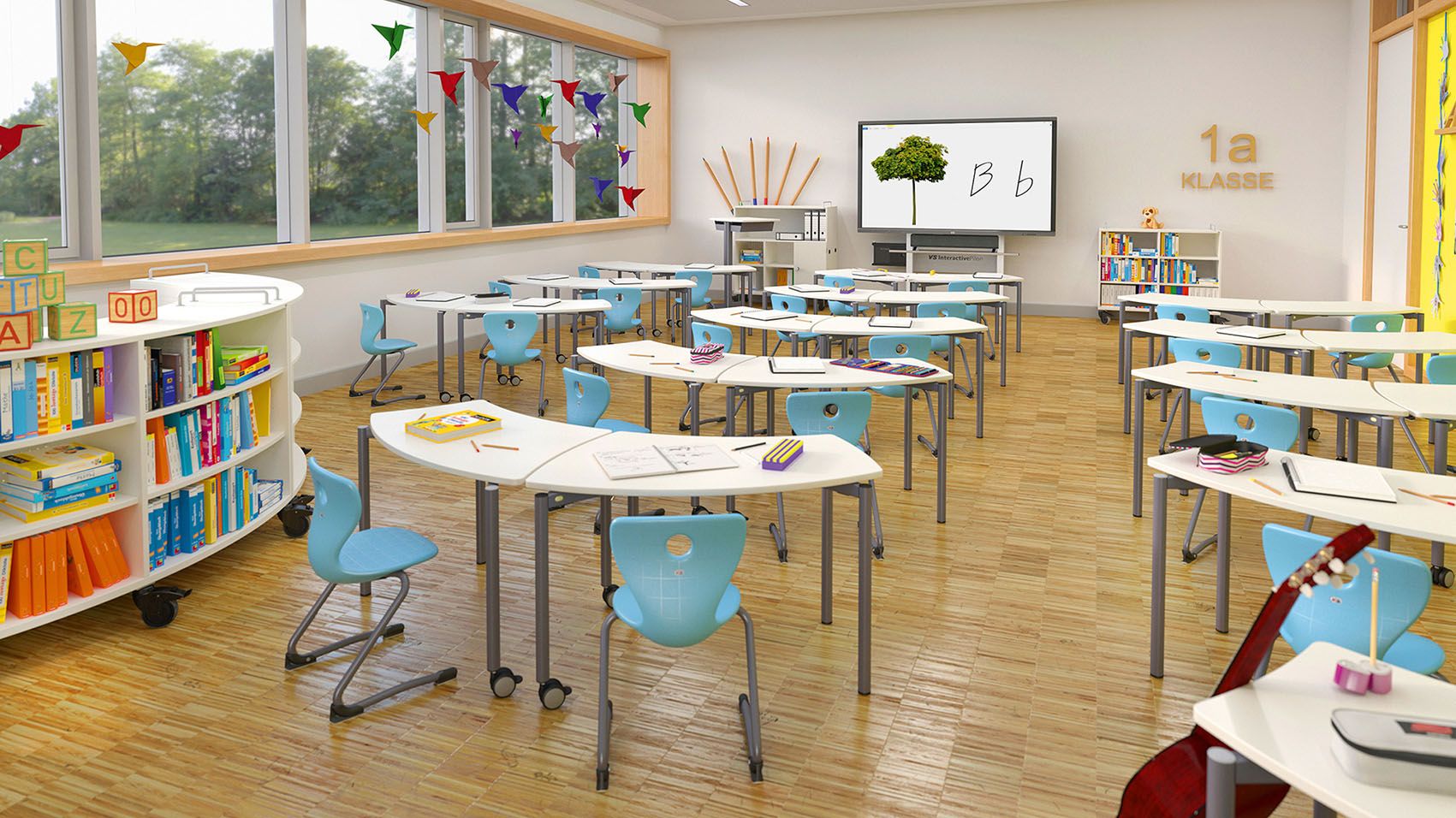 Tables et placards de la série Shift+ de VS dans une salle de classe d'école primaire équipée d'un tableau blanc interactif