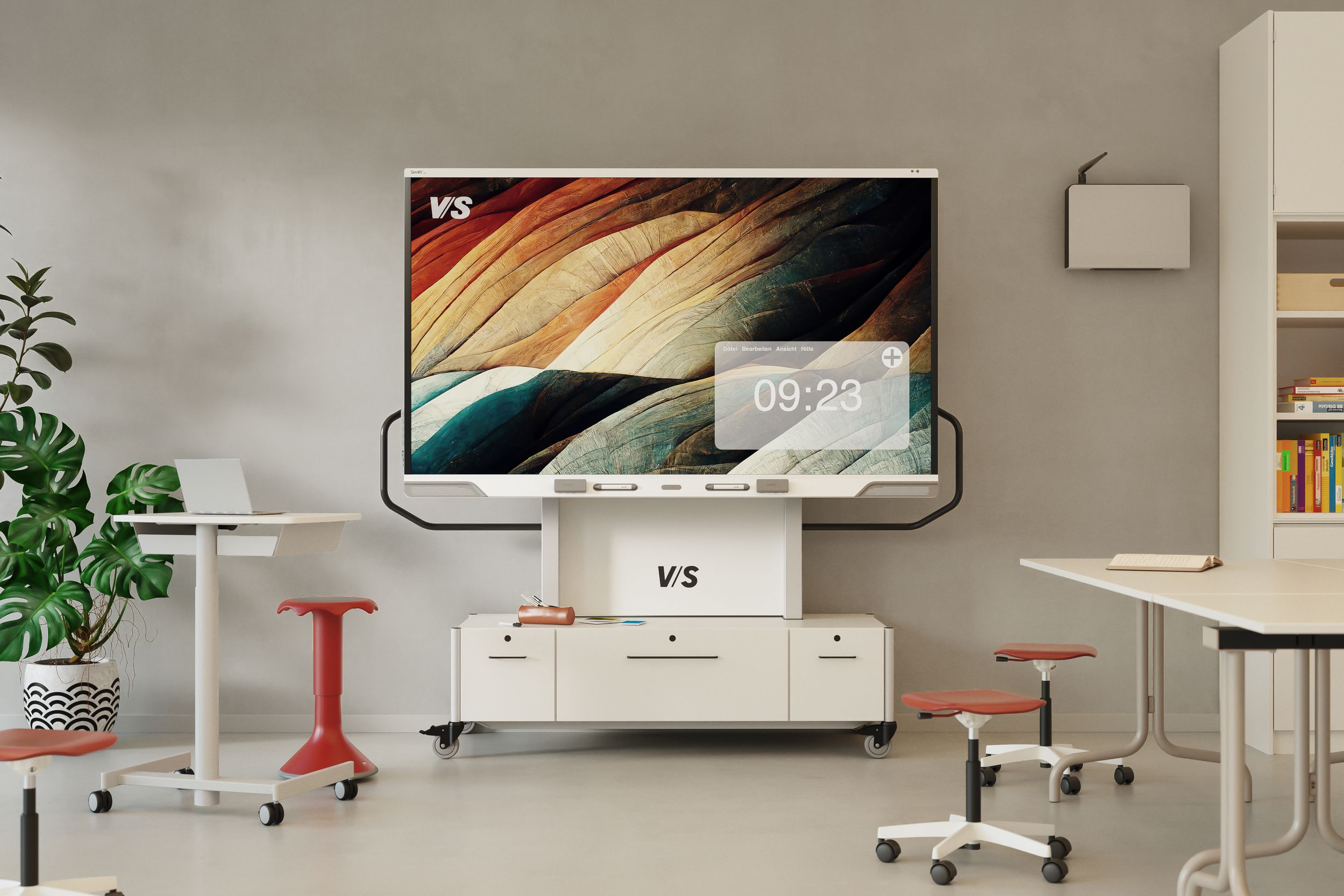 SMART Board RX on a mobile VS base cabinet with brilliant 4K color display – next to it, a VS Hokki stool in red