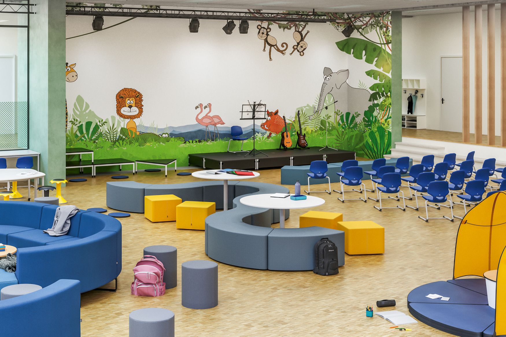 Multifunctional elementary school auditorium featuring a Shift+-Up podium, blue upholstered seating elements, student chairs, and yellow stools by VS