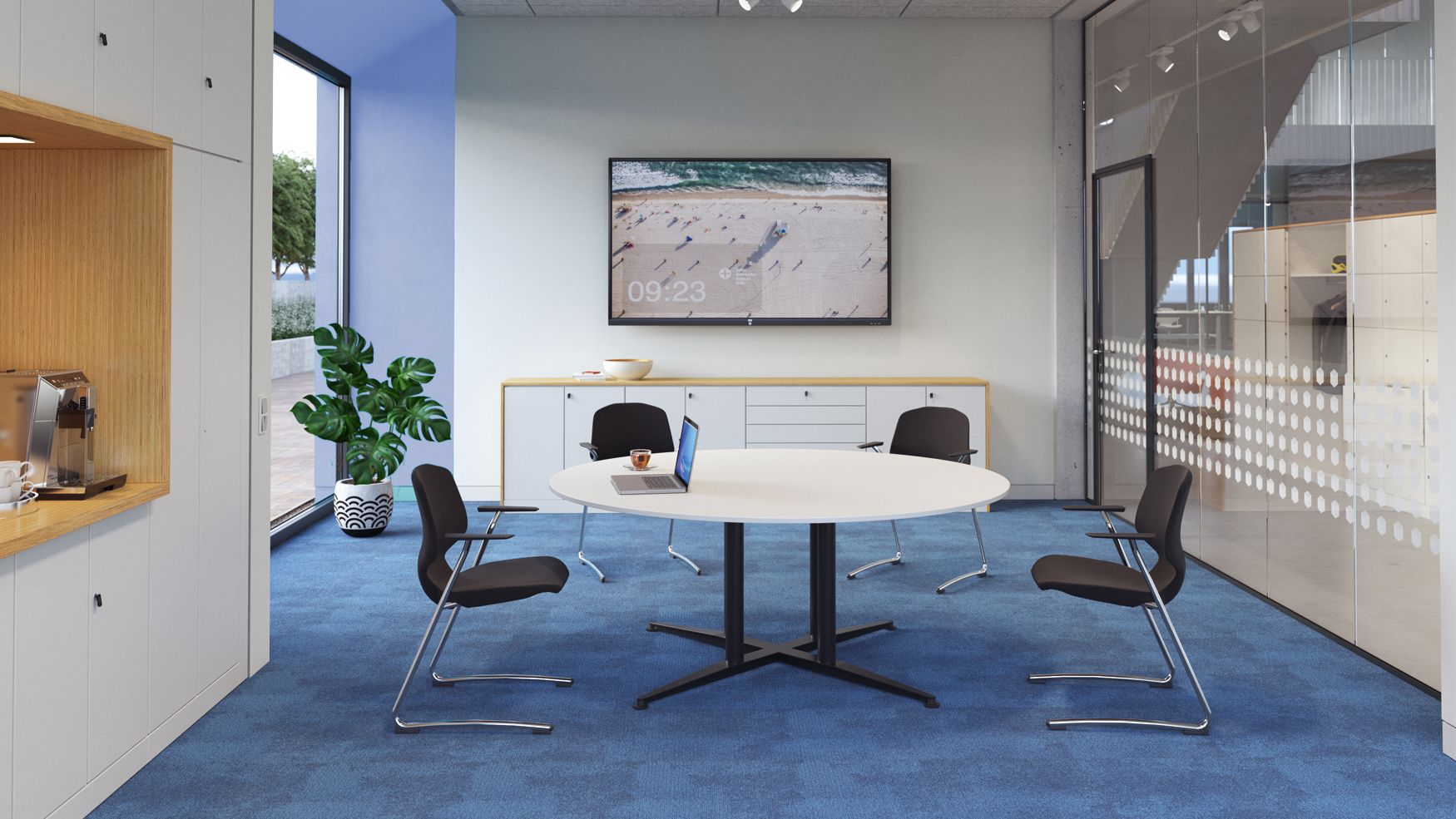Meeting room with round meeting table Rondo and upholstered VS chairs JUMPER