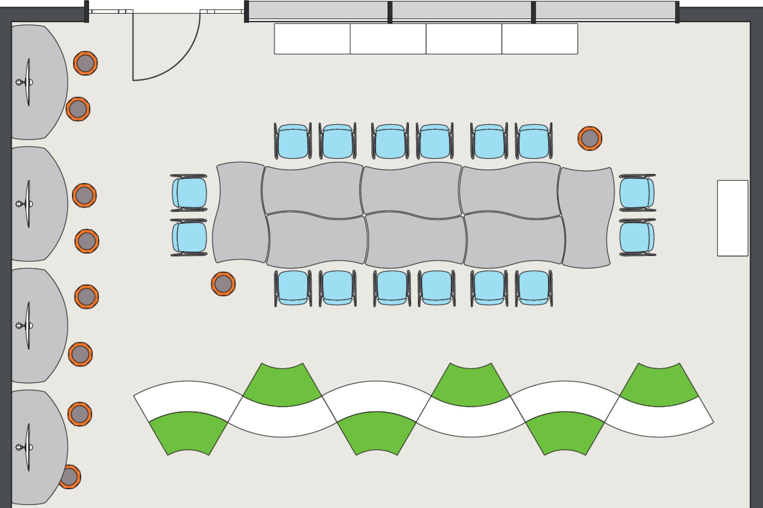 Room layout of a classroom with mobile Shift+ furniture by VS with various learning areas such as a large desk, computer workstations and a relaxed seating area