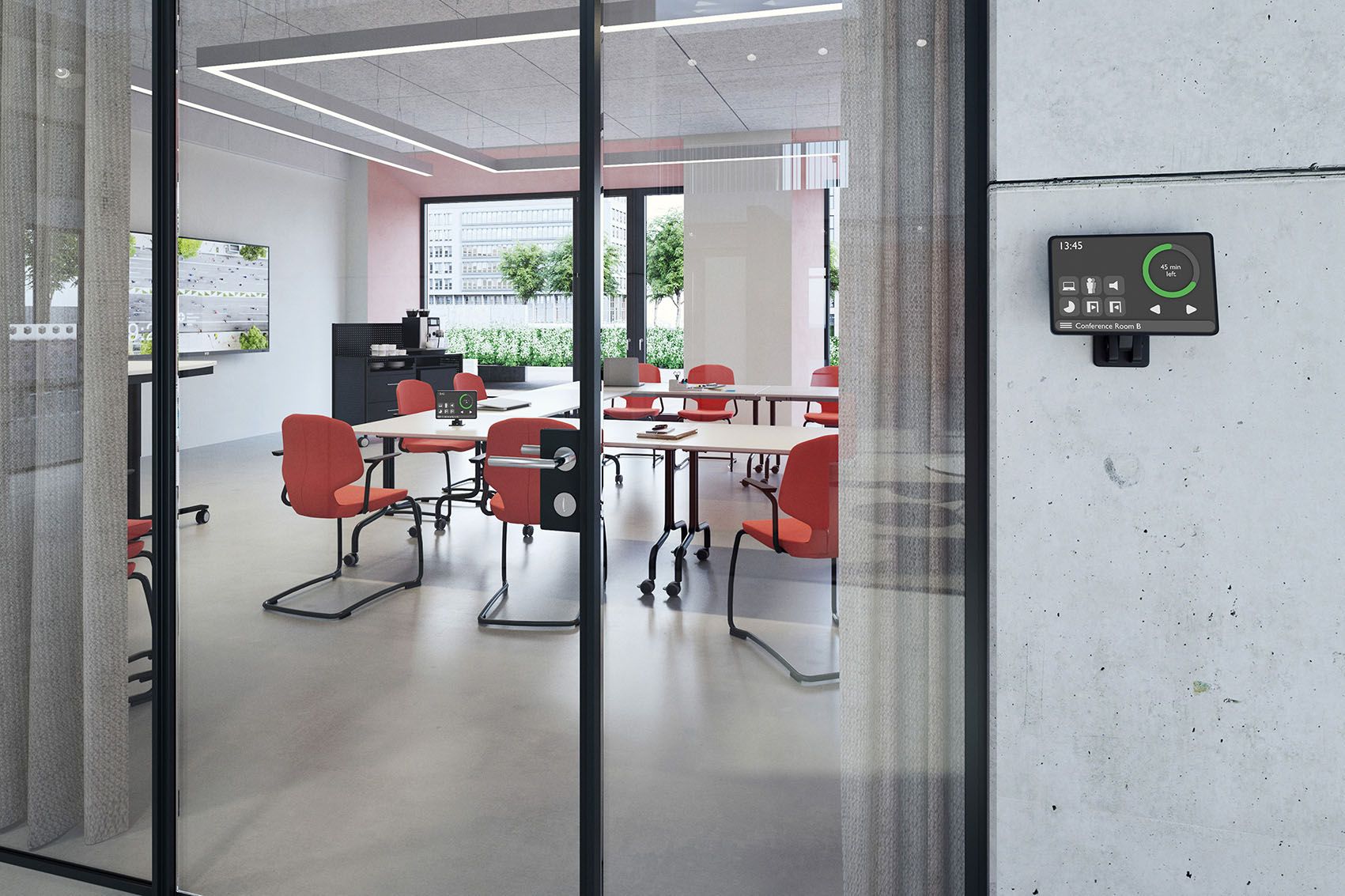 A display outside the door of a meeting room for convenient and easy room booking
