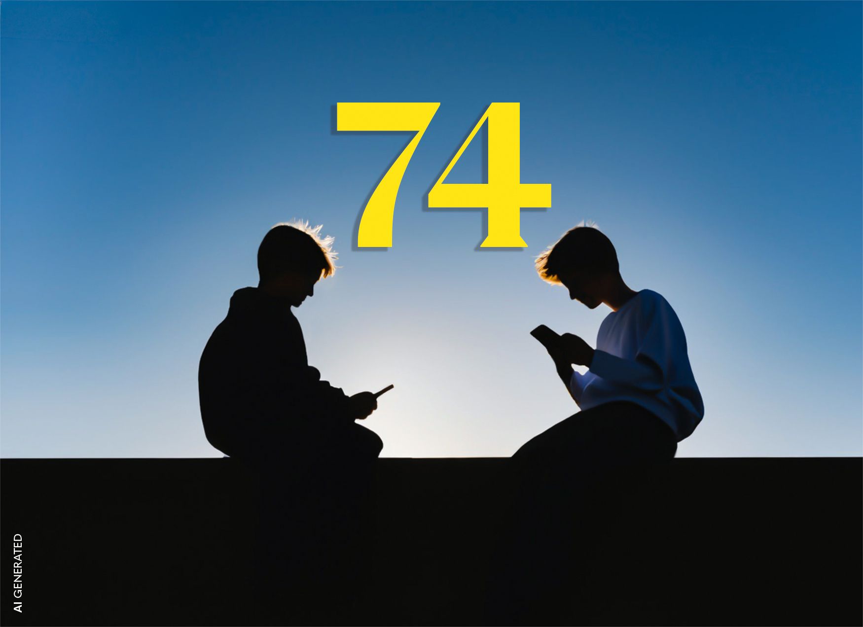 Zwei Jugendliche sitzen als Silhouetten gegenüber und schauen auf ihre Smartphones. Über ihnen steht groß die gelbe Zahl 74. Das Bild ist AI Generated.