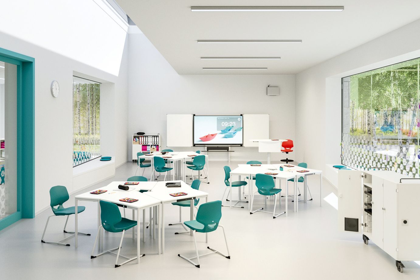 A classroom with furniture by VS: the JUMPER student chair, the asymmetrical Tano desks and a MediaPilon interactive whiteboard