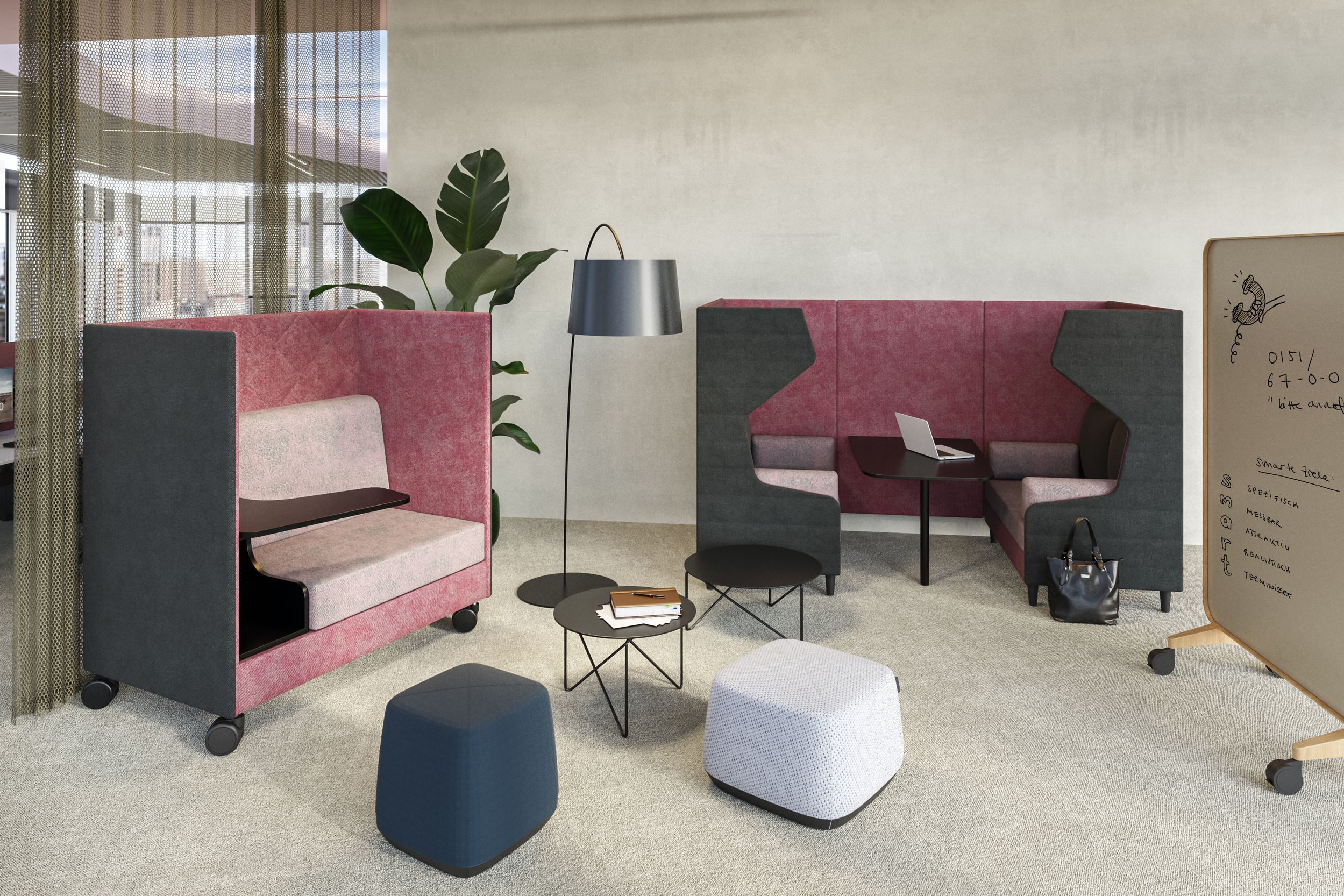 Reception area with a curved lounge sofa, bench and room divider by VS