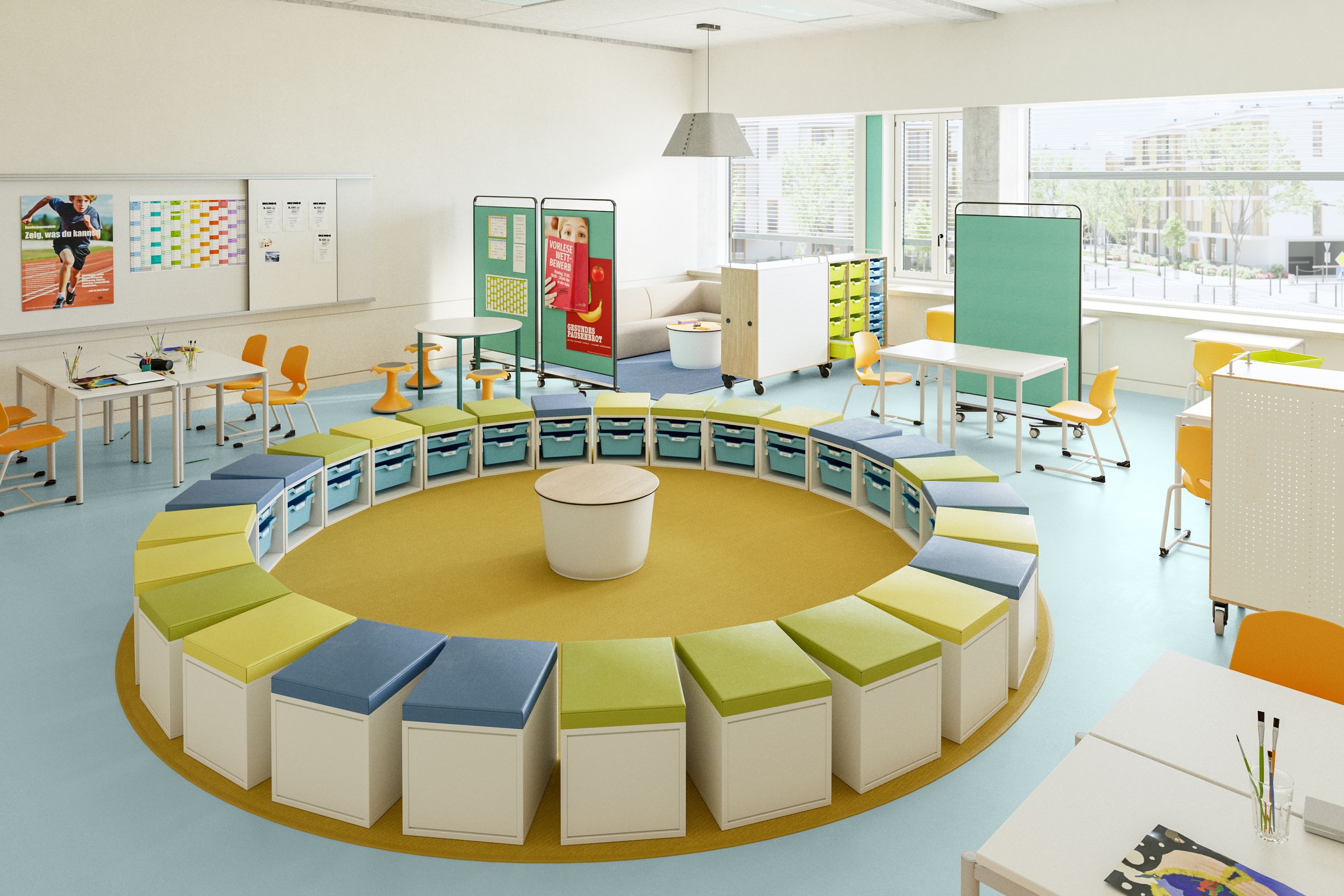 Elementary school learning space based on the Chur model, featuring a circular ChurerBox seating arrangement, Hokki rocking chairs, mobile tables, and movable room dividers from VS