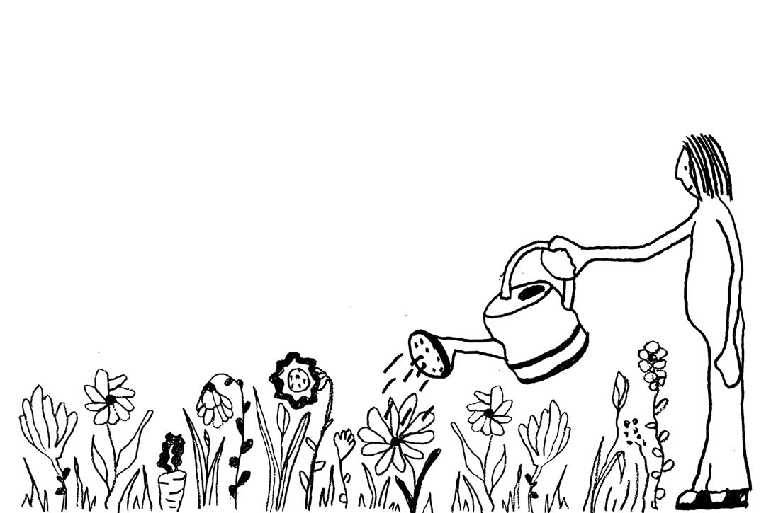 Black and white illustration: Man with watering can watering flower meadow.
