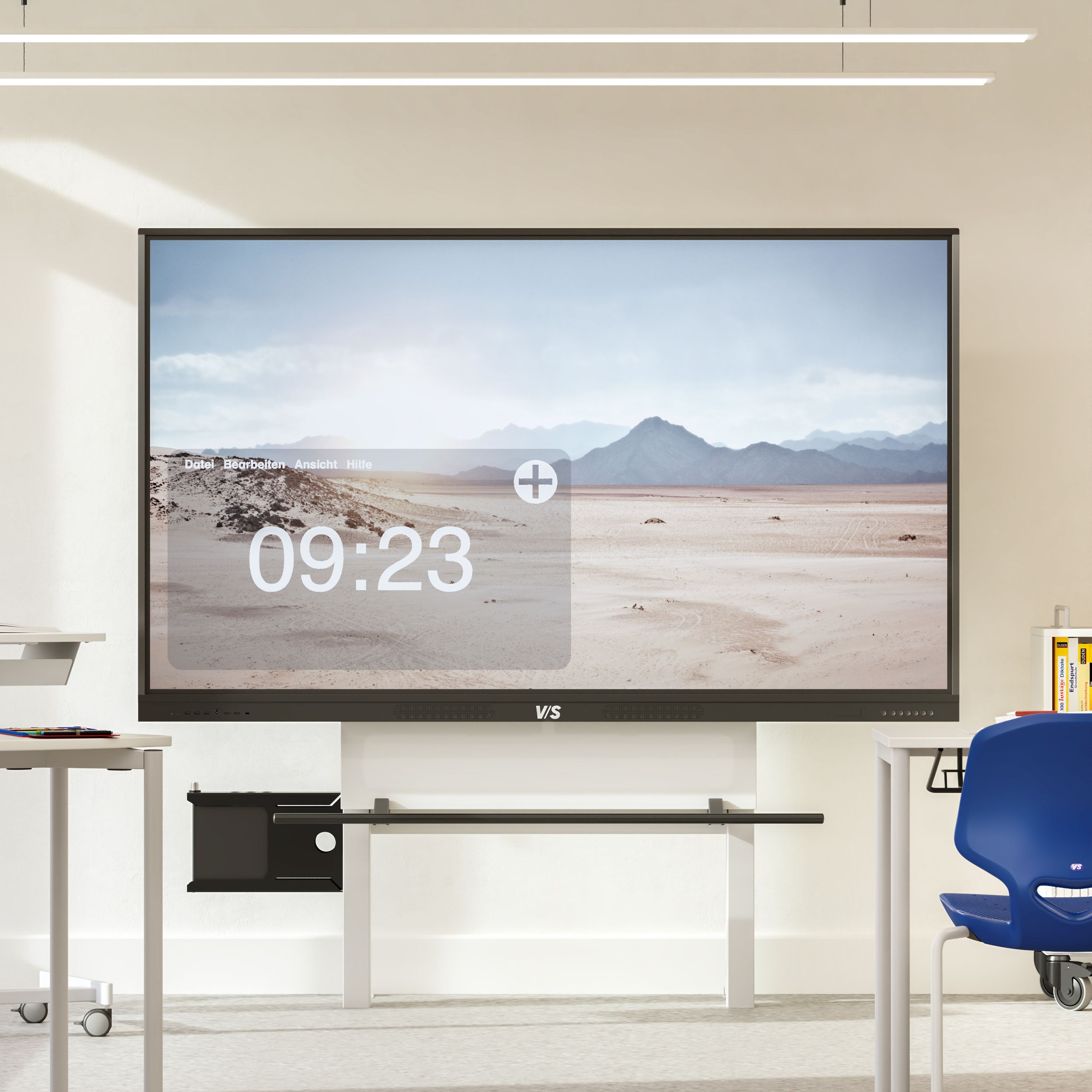 VS DUAL display with brilliant QLED picture quality on a height-adjustable mounting system in a well-lit classroom.