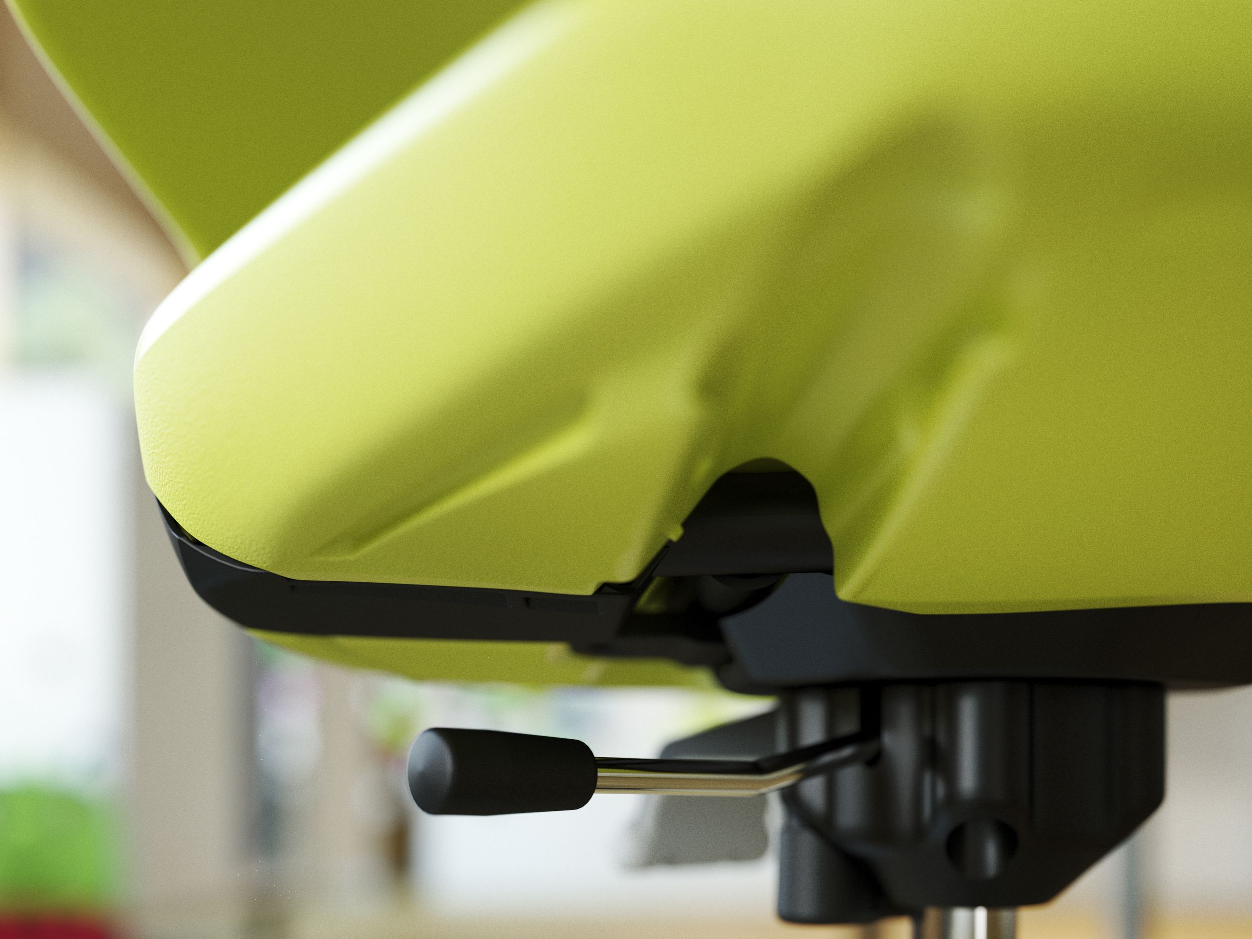 Close-up of the handle for height adjustment and the mounting with 3D rocking mechanism of the JUMPER chair by VS