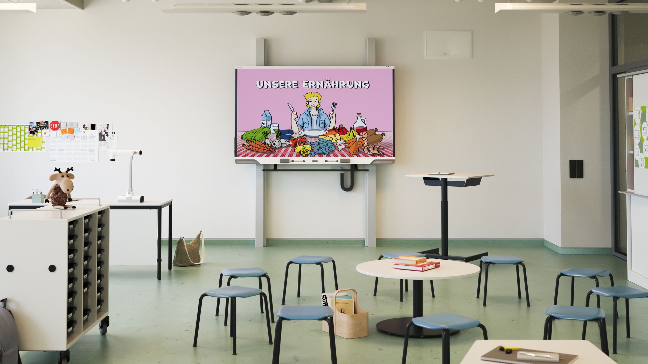 Elementary school classroom featuring VS Jumper Air Stool stools in blue and VS Shift+ Base tables – on the wall, a SMART Board RX displaying a lesson slide on nutrition