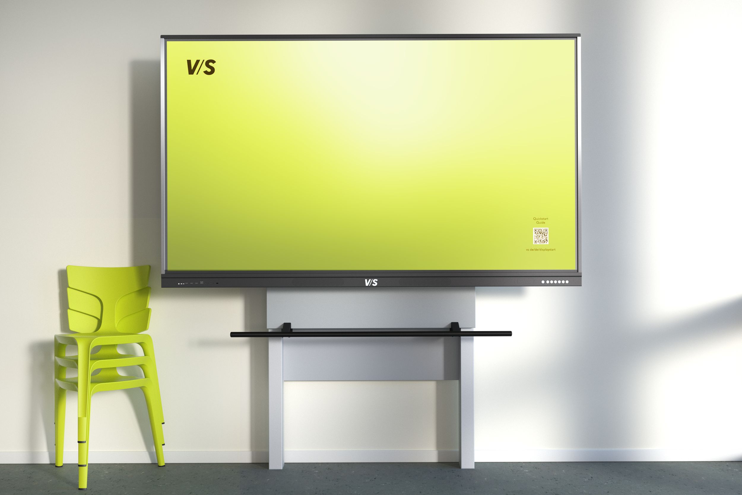 VS Display on a MediaPilon-GF mounting system with gas spring – infinitely height-adjustable, power-free, and accessible to all users