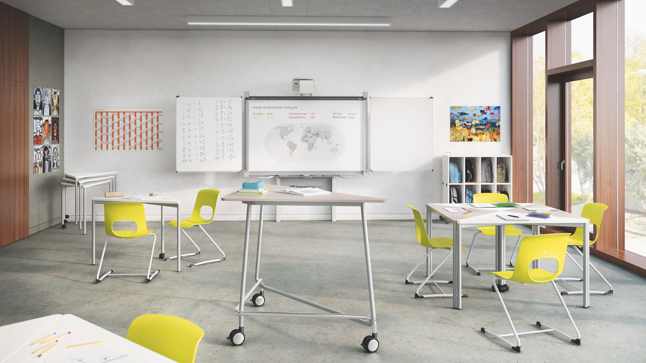 TriTable sitting tables with NF-Swing chairs and a TriUnion standing table by VS in a seminar room