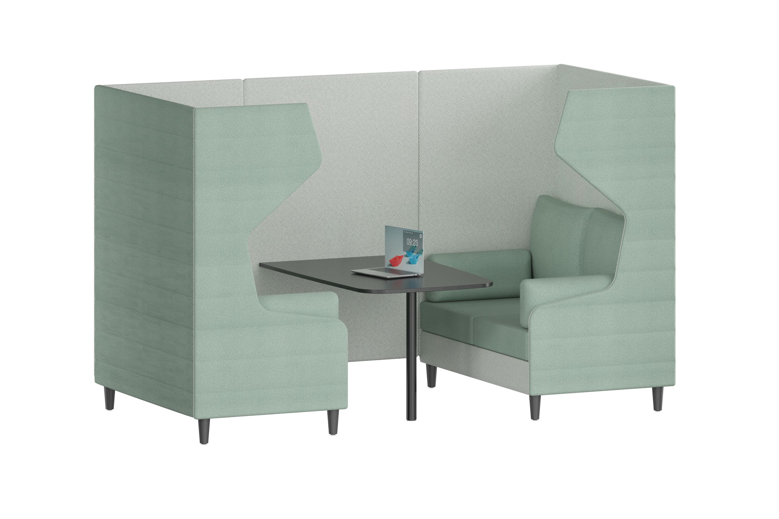 A soundproof meeting alcove with high acoustic walls, padded benches, and a table for focused meetings in the office.