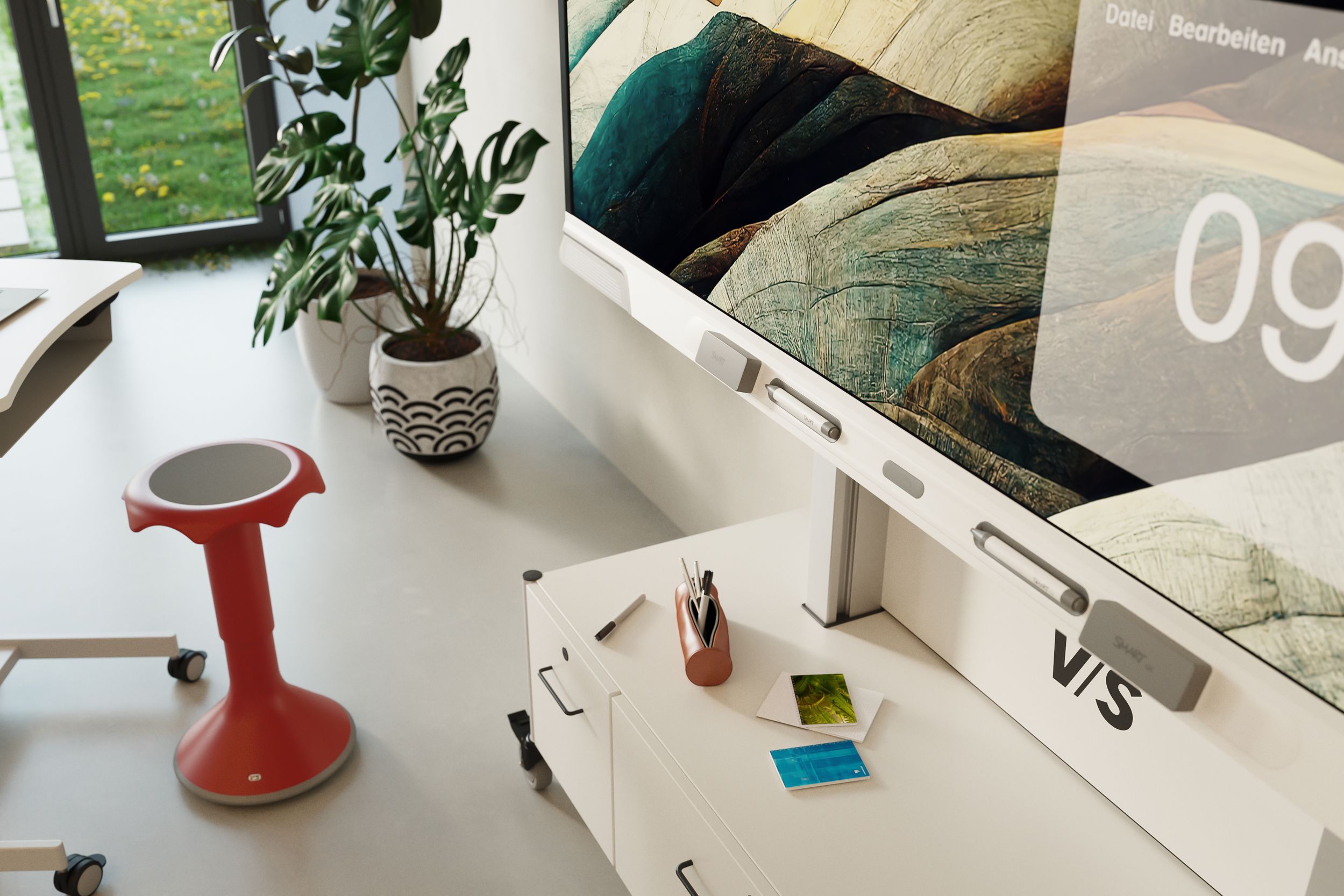 A bird's-eye view of the SMART Board RX with a red VS Hokki stool in front of it—the built-in microphone array captures the entire classroom