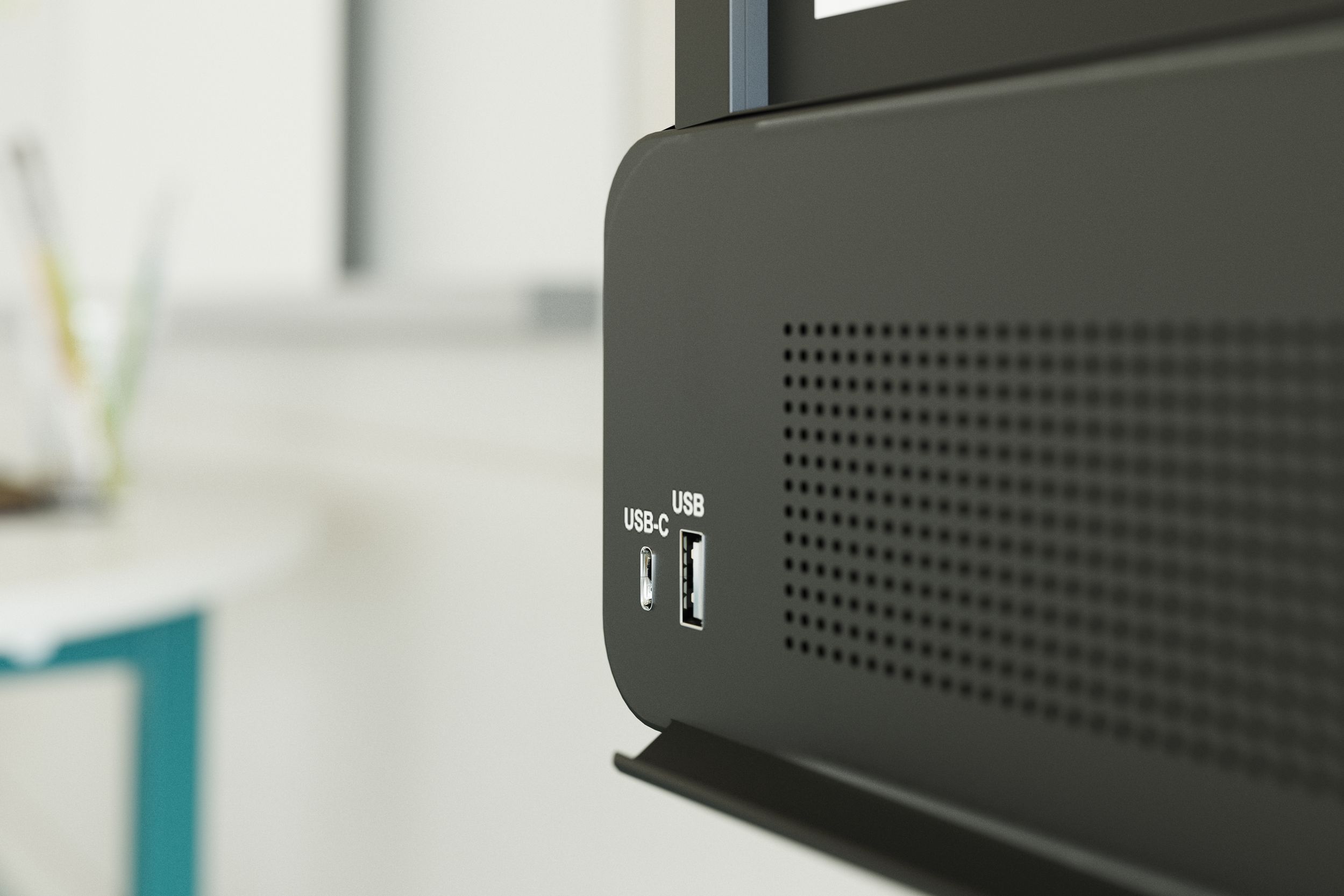 Close-up of the side ports on the Promethean ActivPanel 10 – USB-C and USB ports for versatile connectivity